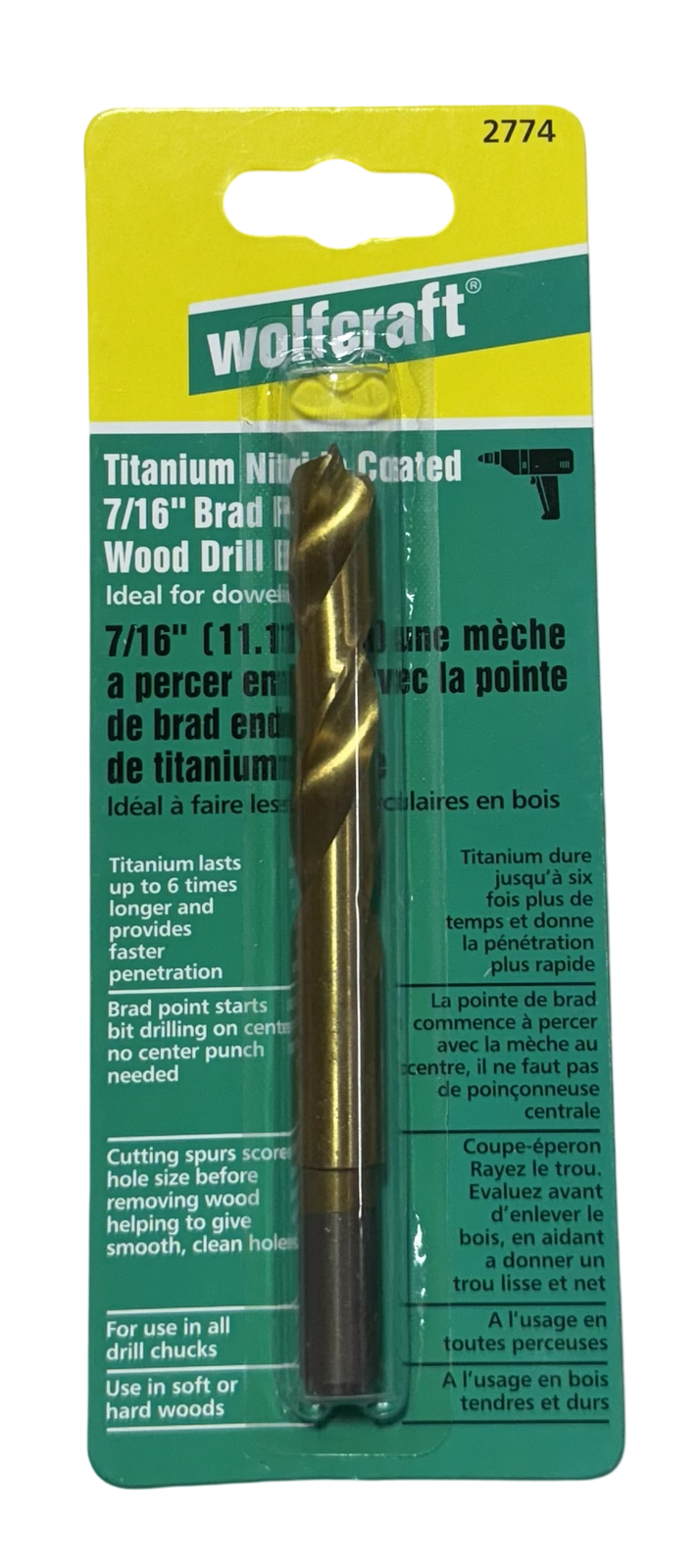 Wolfcraft 7/16" Brad Point Wood Drill Bit Titanium Nitride Coated