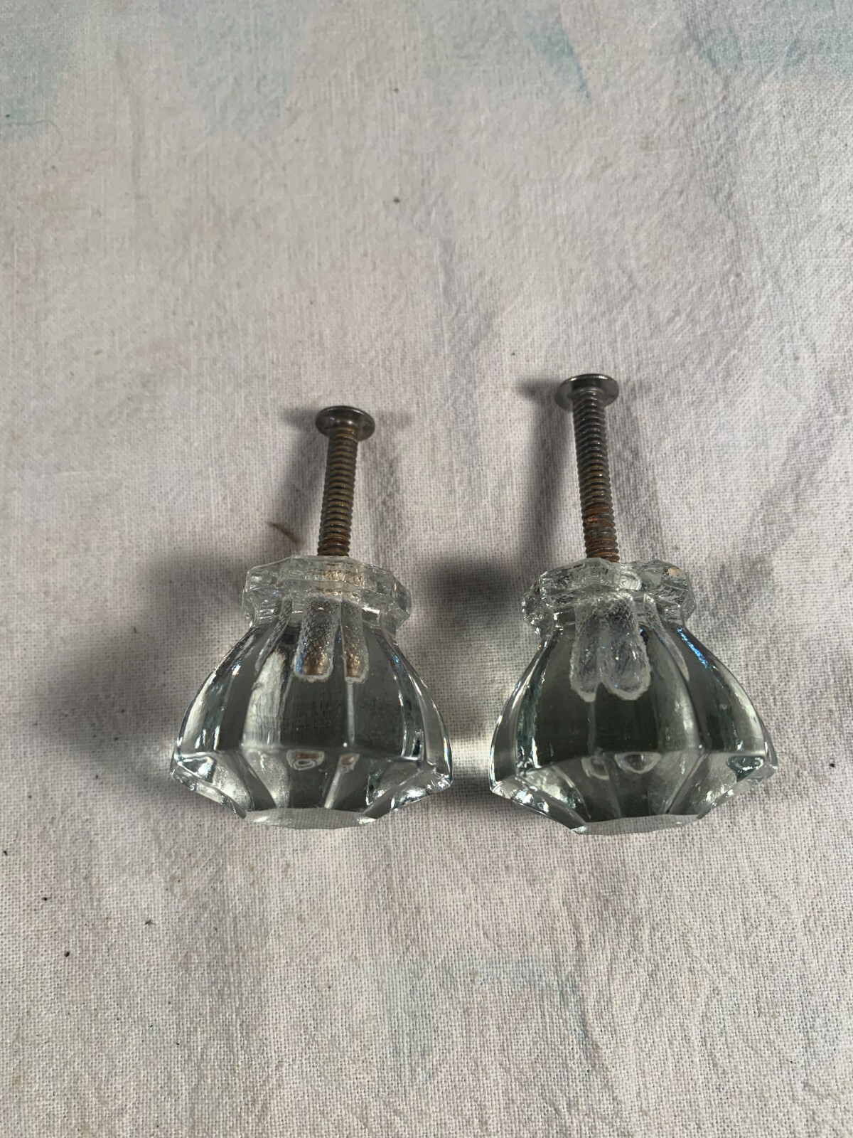 Vintage pair Glass0 Faceted Knobs 1&1/2in wide complete w/ mounting Bolt c1890s