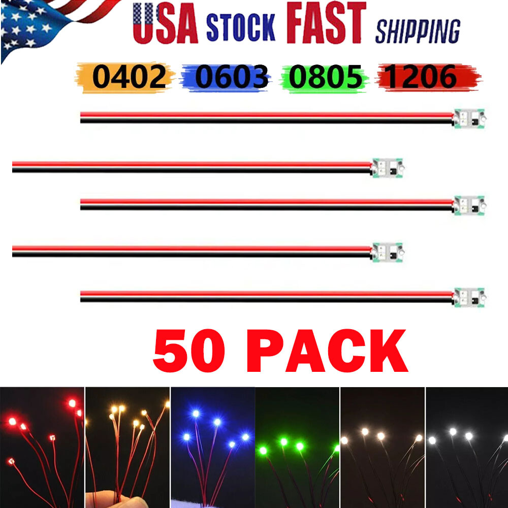 50X Wired Micro LED Pre-Soldered 0402,0603, 0805,1206 Copper Wire Lights SMD US