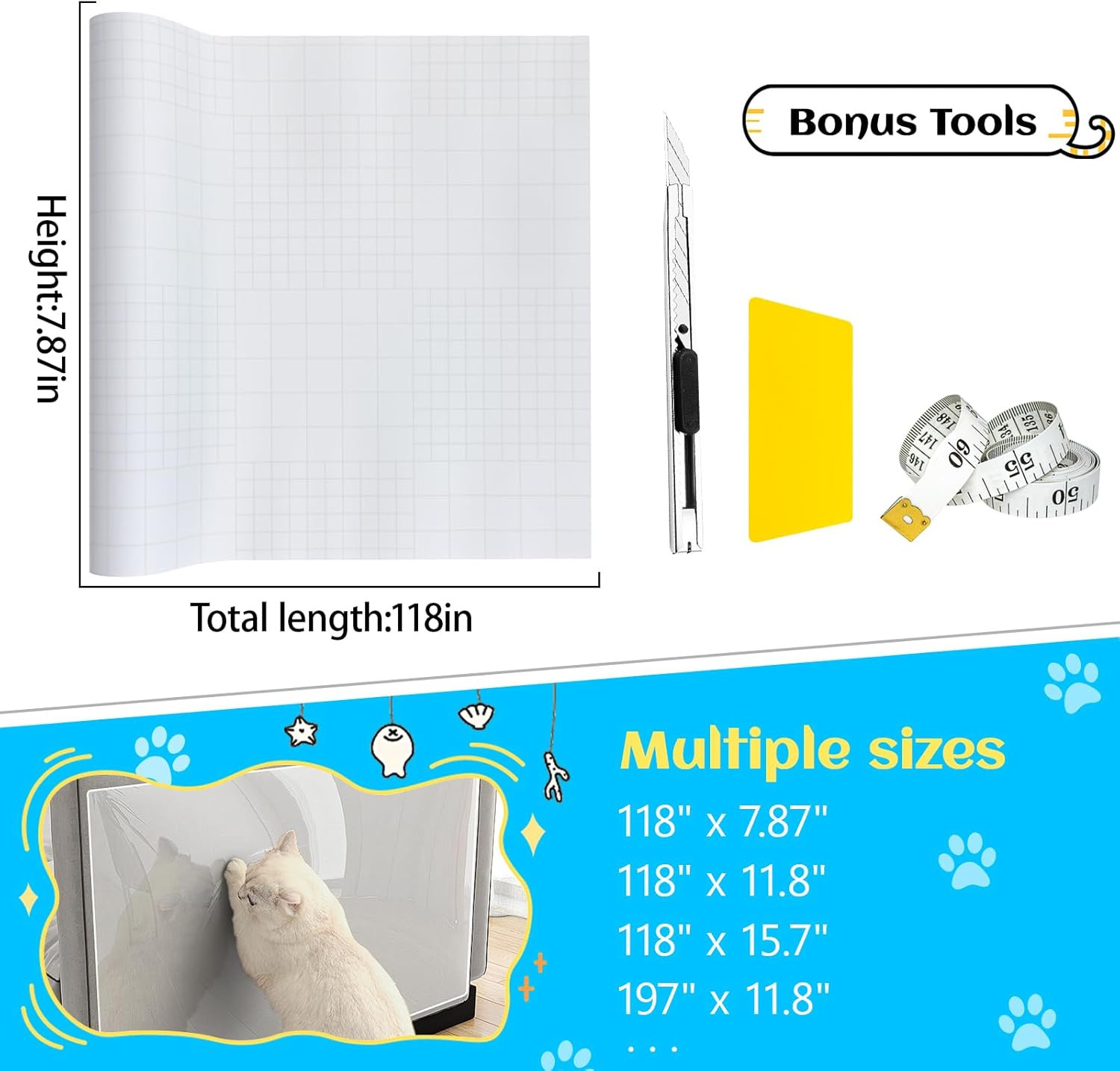 Cat Scratch Furniture Protector Mat for Couch, Wall & Door Protection 7.87"x118"