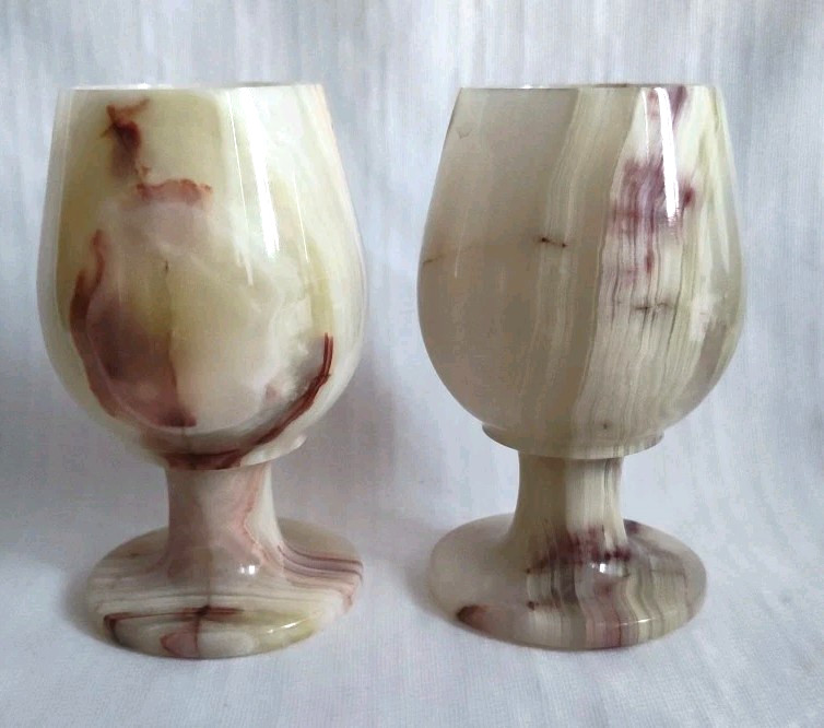 6 Polished Onyx Marble Stemmed Natural Stone 5" Wine Sherry Goblets Chalice Case