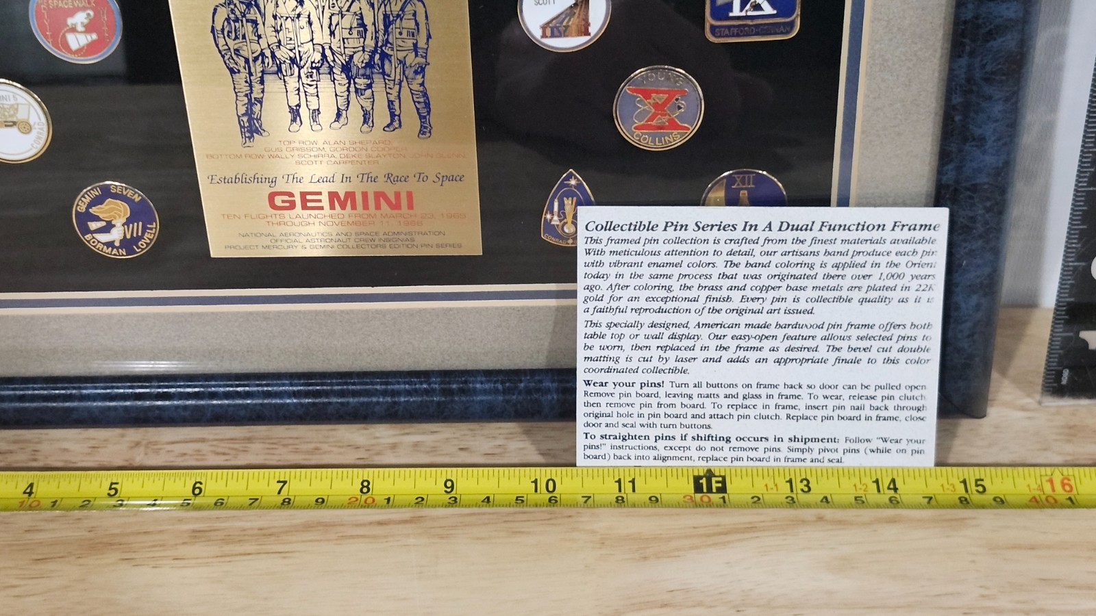rare Wesco framed collection of NASA Mercury - Gemini insignia pins