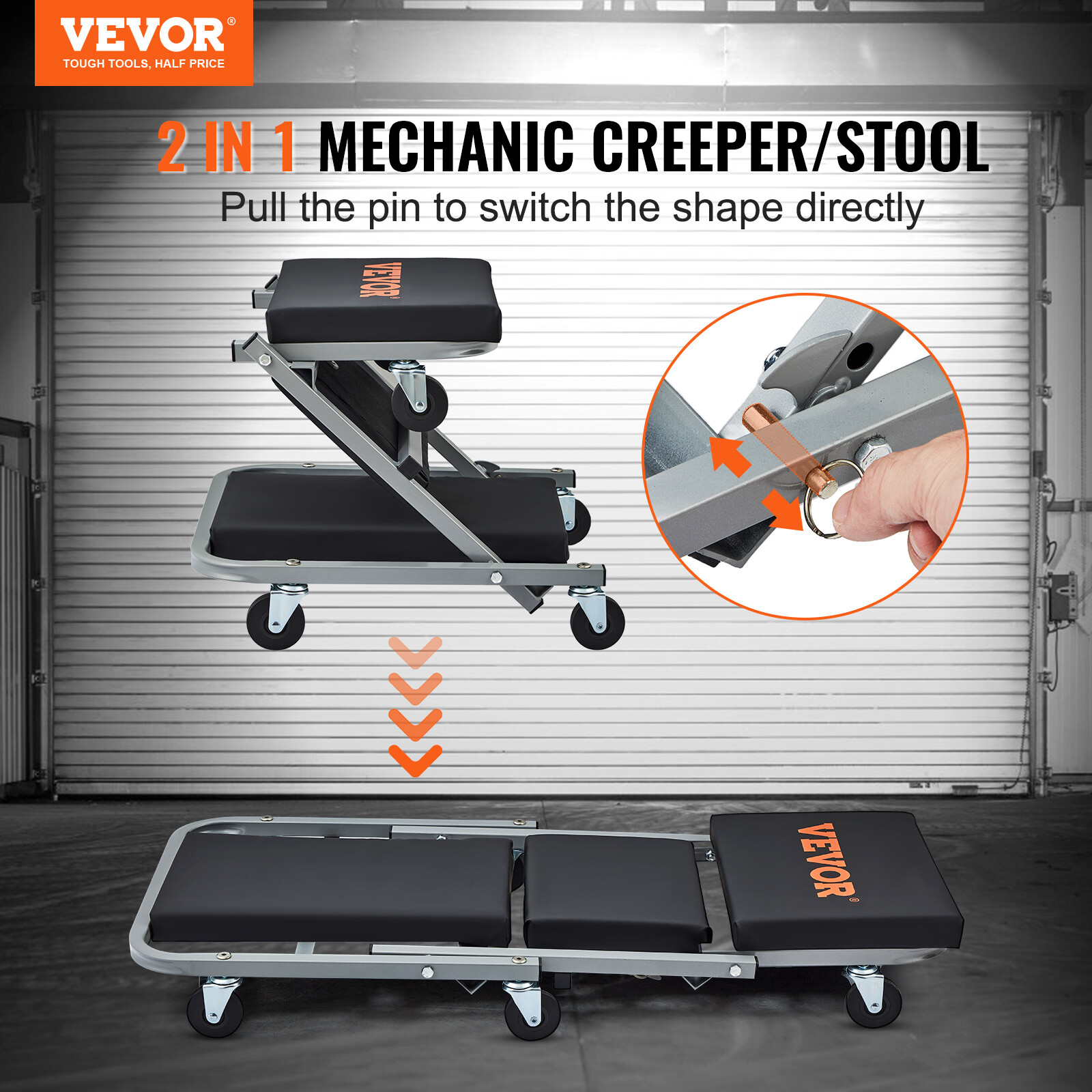 VEVOR Mechanic Creeper 36''300Lbs 2 in 1 Folding Rolling Garage Stool Shop Chair