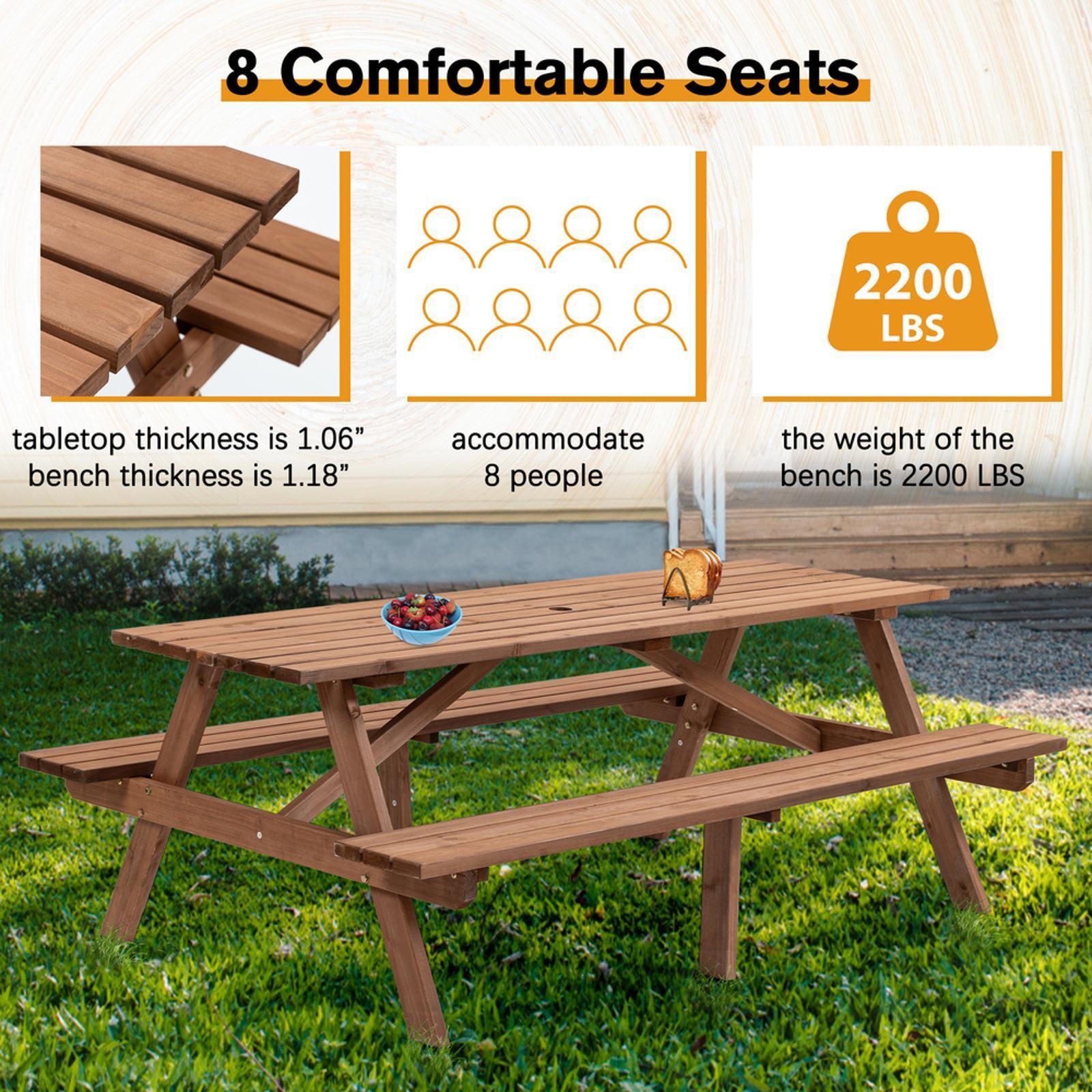Heavy-Duty 8 Person Wooden Picnic Table with 2 Built-In Benches, 75-Inch Fir