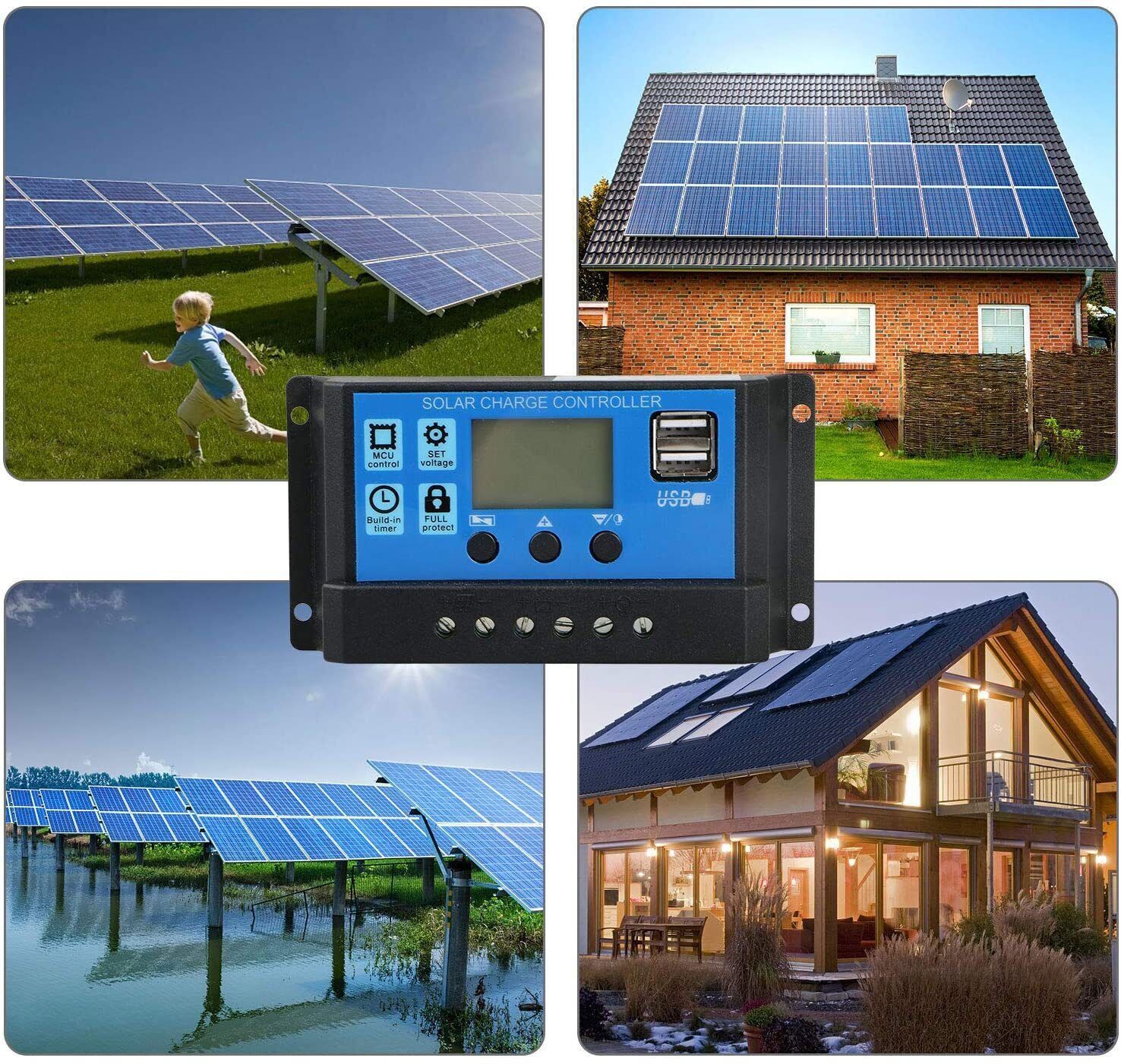 30A Solar Panel Battery Charge Controller 12V/24V LCD Regulator Auto Dual USB US