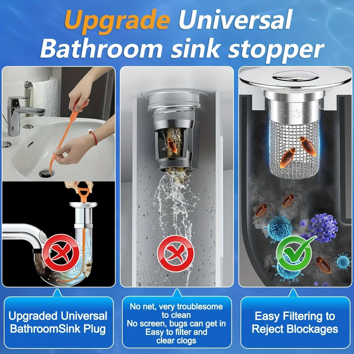 2-Pack Sink Stopper Hair Catcher Bathroom Pop Up Sink Drain Strainer Filter Plug