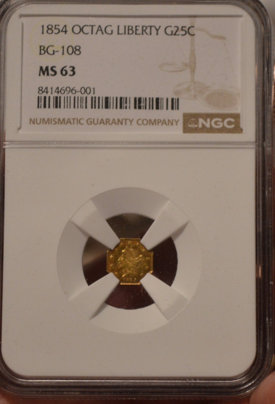 1854 25c California Fractional Gold Octagonal Liberty BG-108 NGC MS63 BU UNC