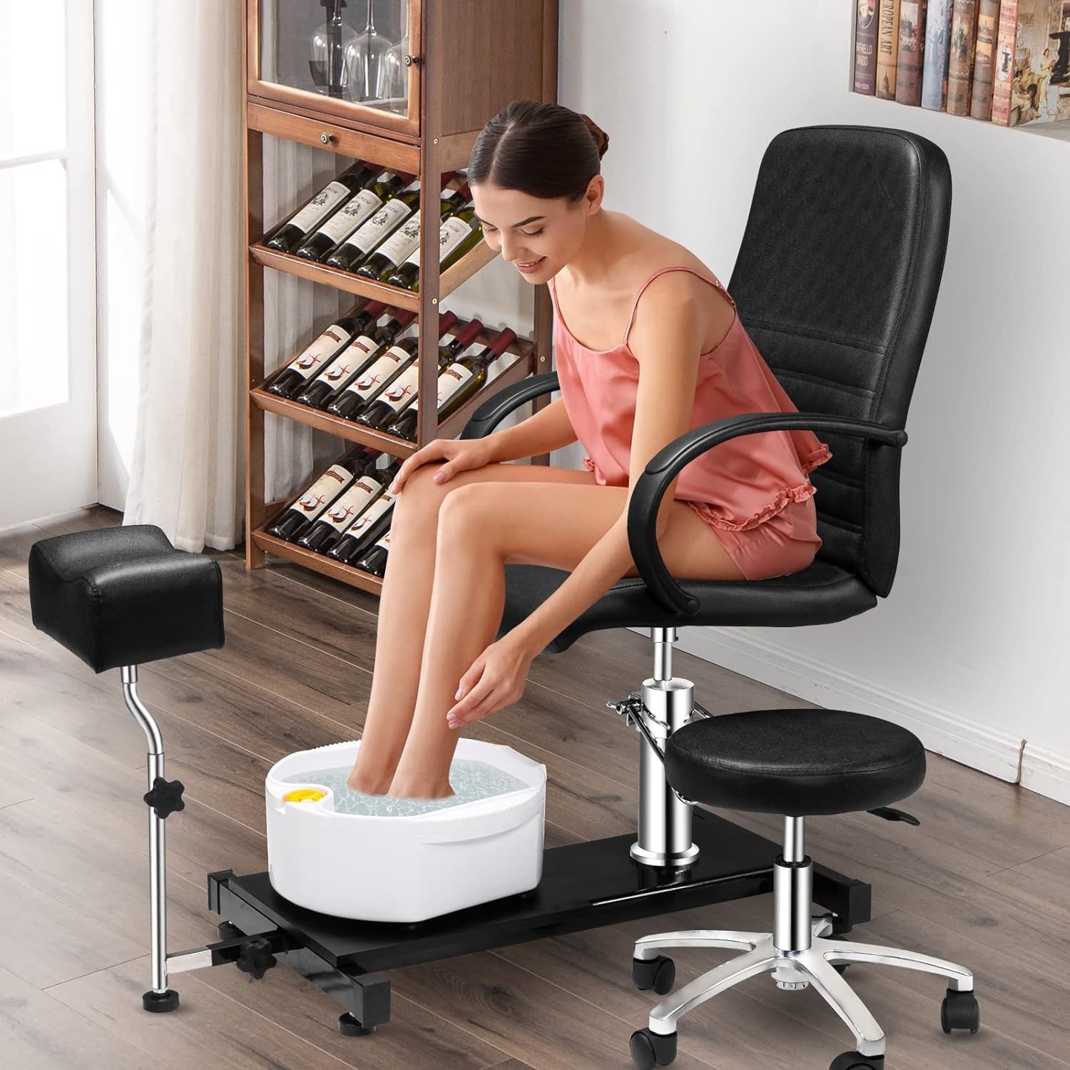 Pedicure Chair White with Stool & Bubble Massage Foot Bath, Hydraulic Pedi Chair