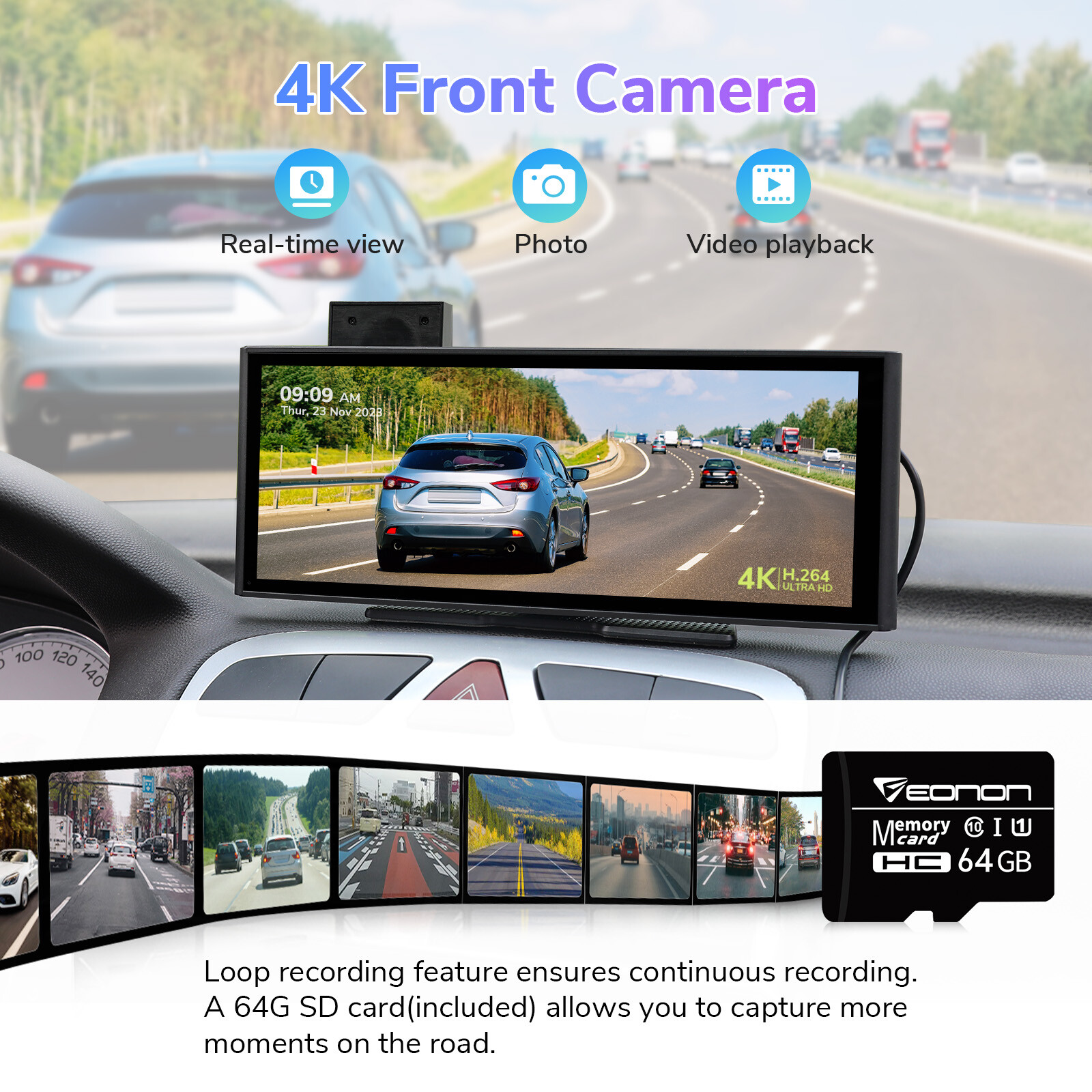 Portable 4K Dash Cam Car Stereo Radio Wireless Apple Carplay & Android Auto +Cam