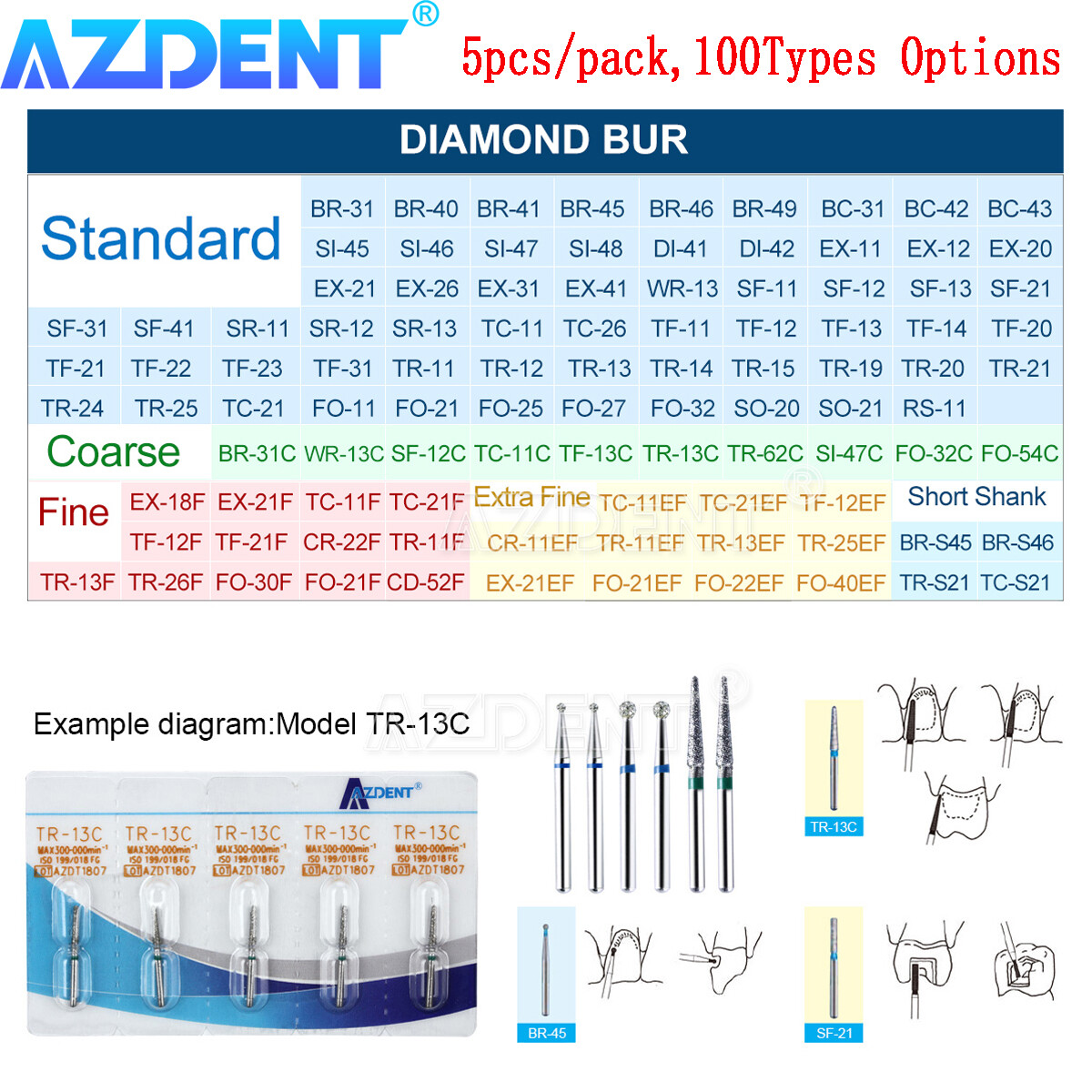 5 uds./1 paquete de fresas de diamante dental AZDENT para piezas de mano de alta