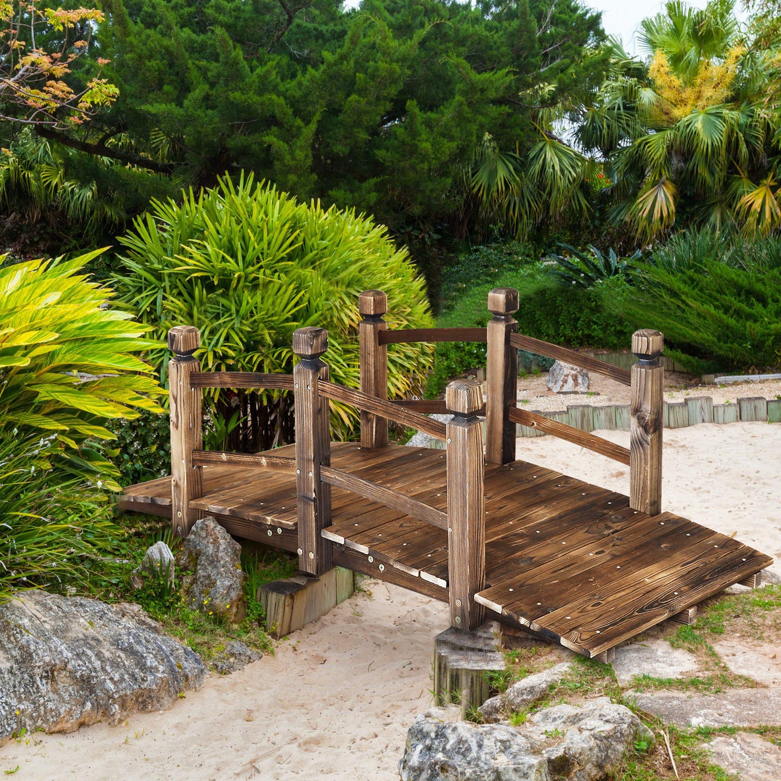 5FT Wooden Garden Bridge Arch Stained Finish Footbridge Decorative Backyard B...