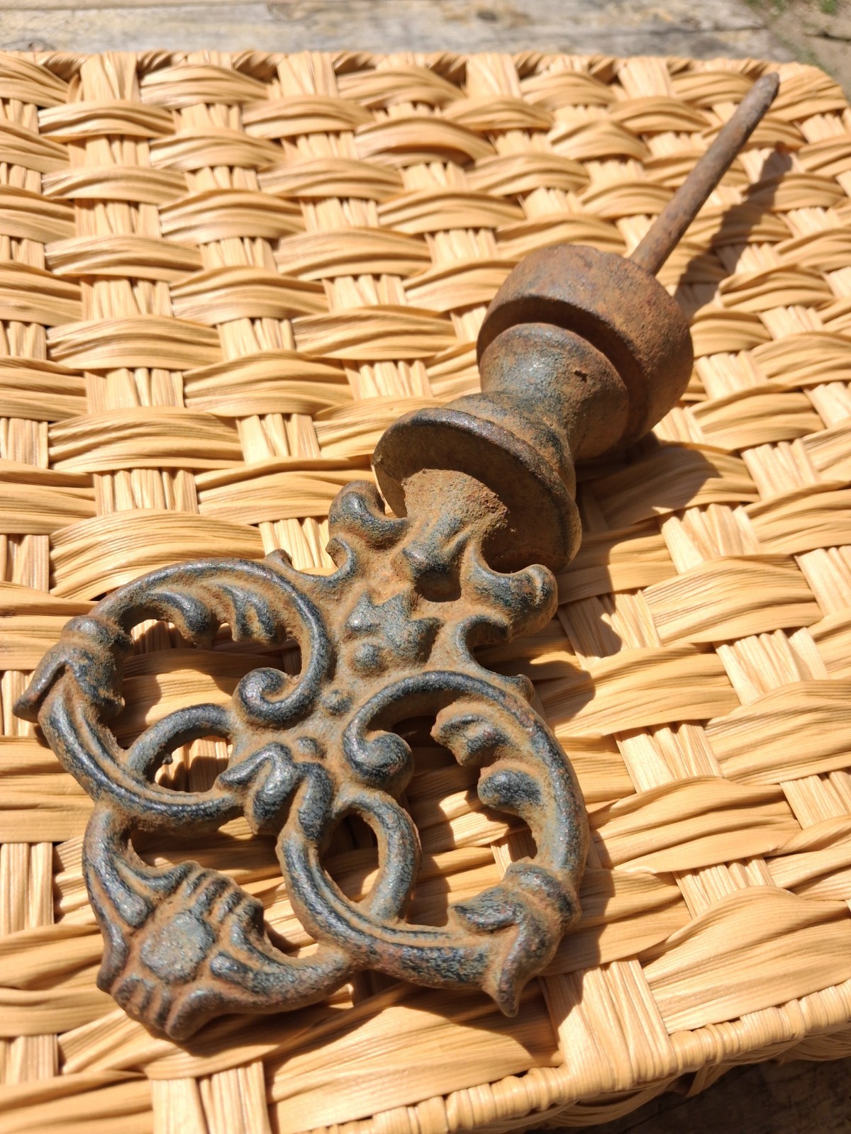 Antique Cast Iron Architectural Hose Guide with Finial Top Natural Patina 12"x4"