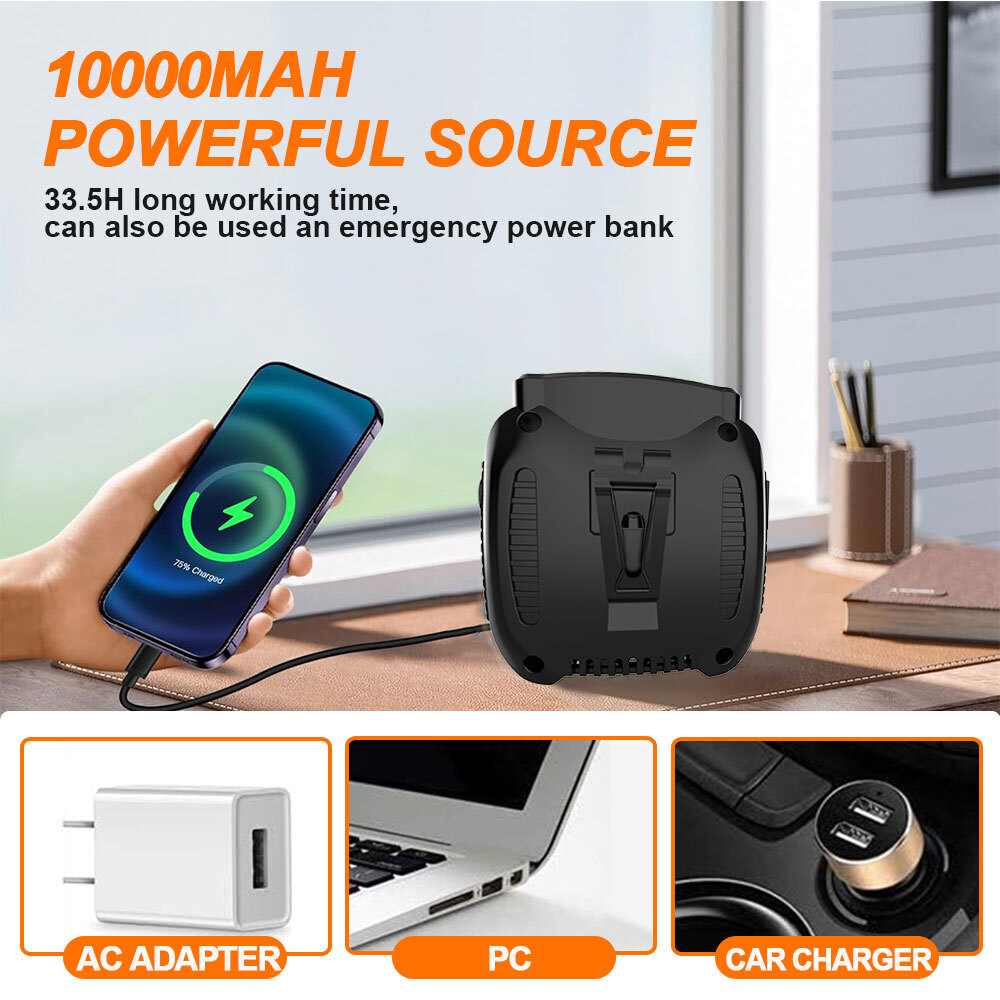 Portable Waist Clip Fan with LED 10000mAh USB Rechargeable Hanging Belt Cooling