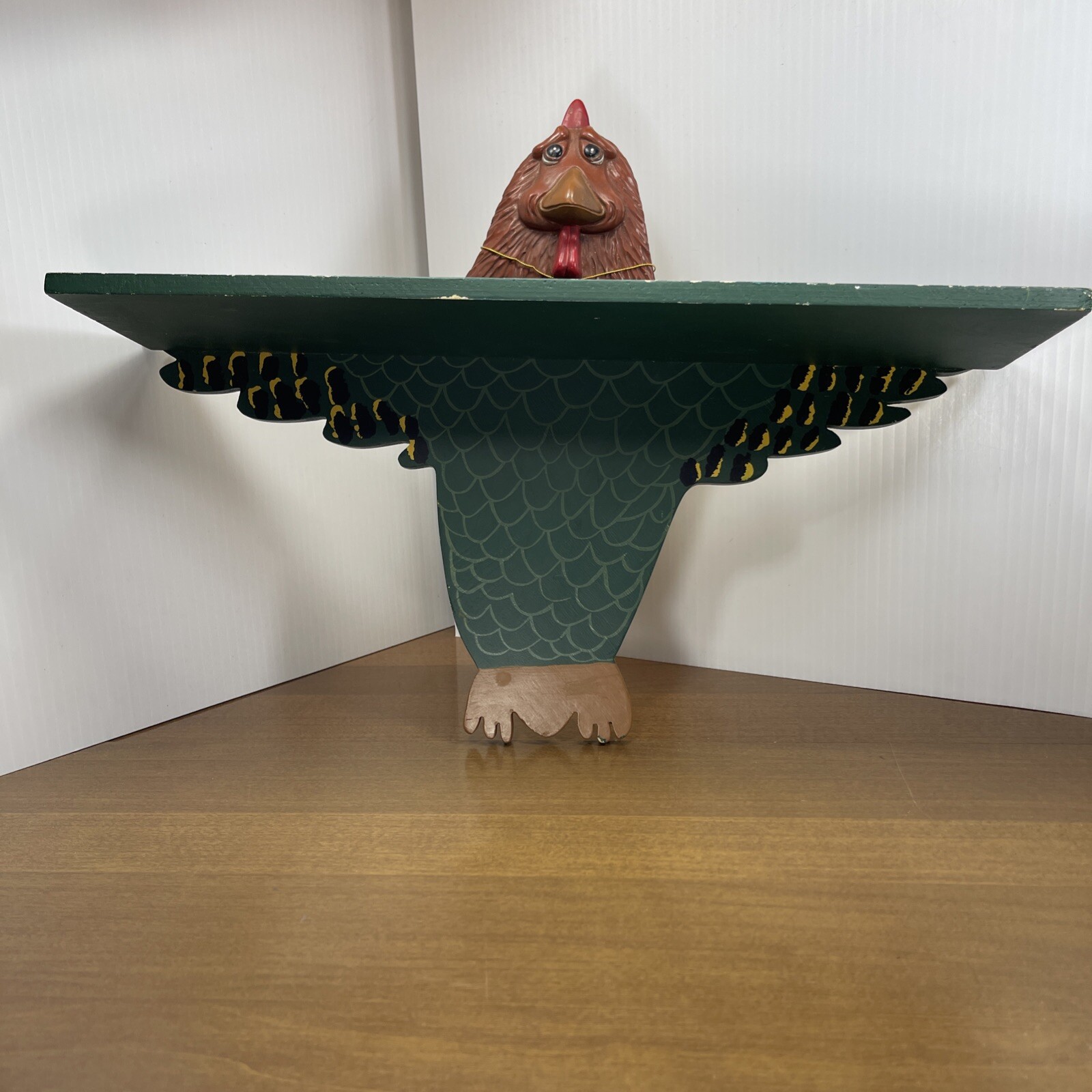 Hand Painted Hanging Shelf Vintage Green Rooster Chicken 1999 Country Folk Art