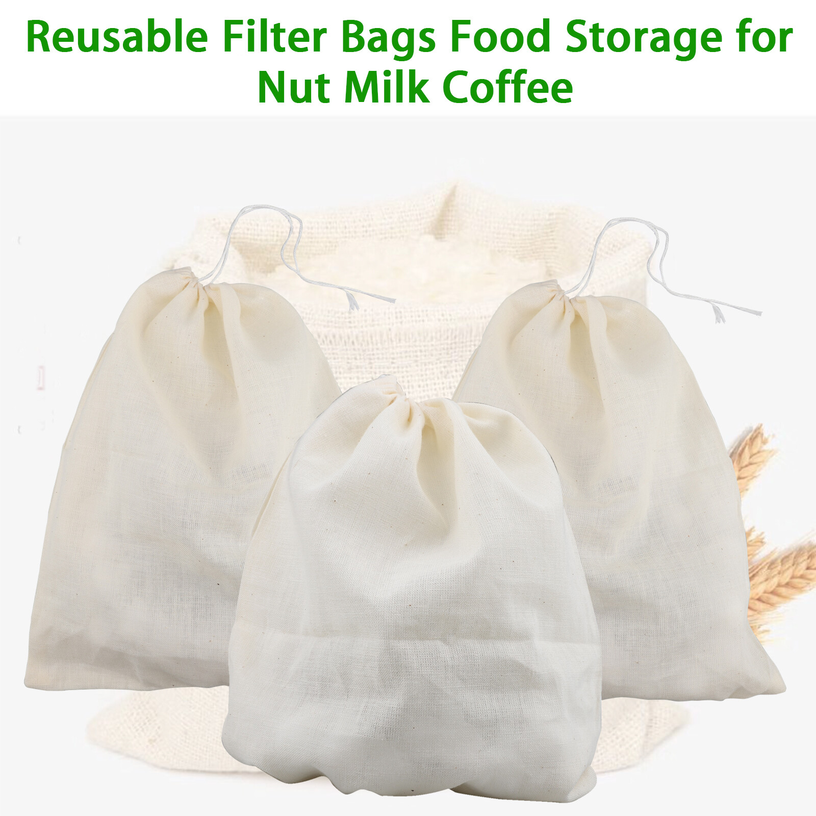 3PCS Organic Cotton Nut Milk Bag Reusable Food Strainer Brew Coffee Cheese Cloth