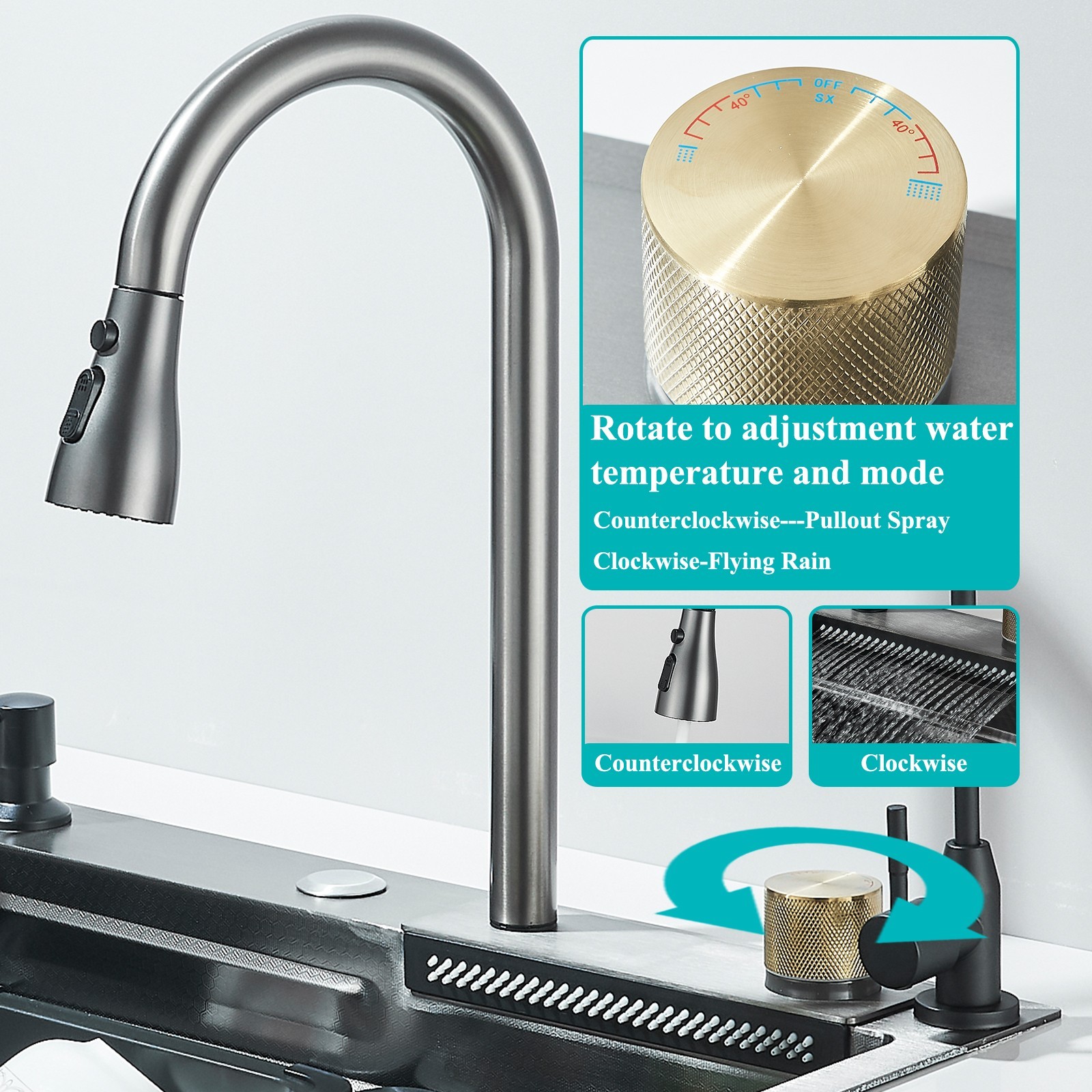 24" Flying Rain Stainless Steel Waterfall Kitchen Sink with Faucet Single Bowl