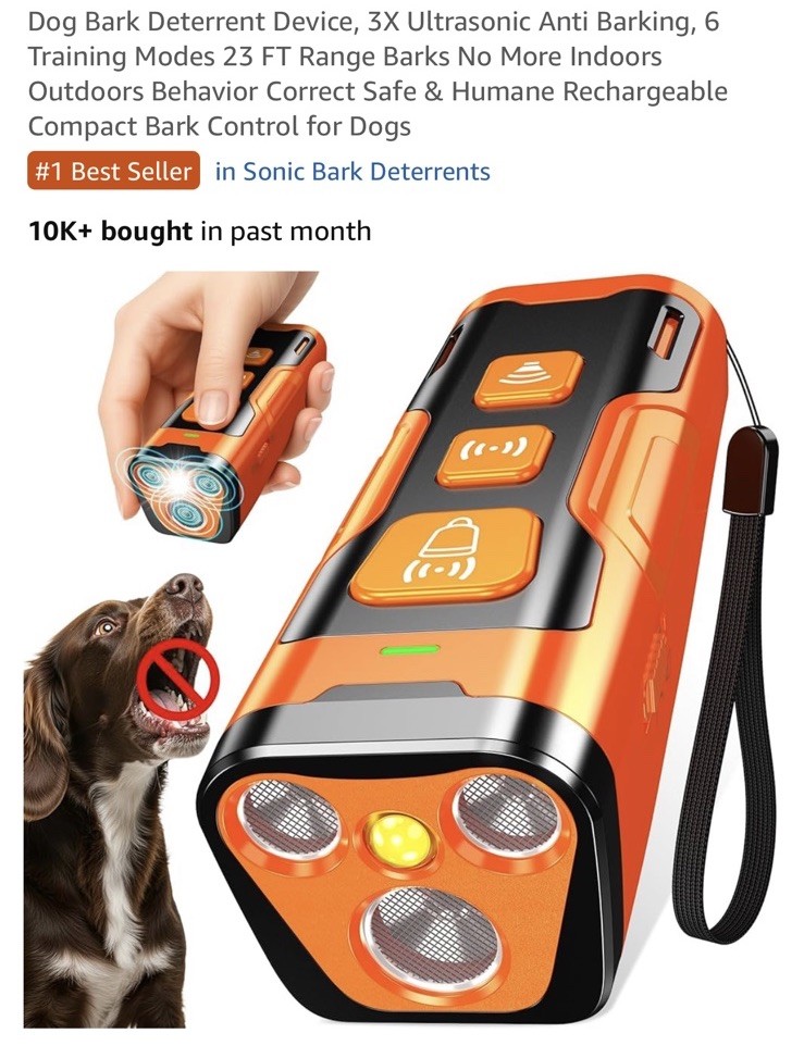 Dog Bark Deterrent Device, 3X Ultrasonic Anti Barking, 6 Training Modes