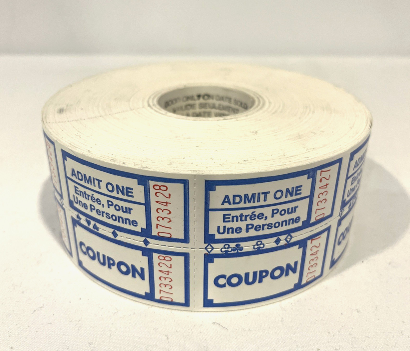 WHITE BLUE ADMIT ONE ENTRANCE COUPON DOUBLE STUB NUMBERED RAFFLE TICKETS ROLL MD