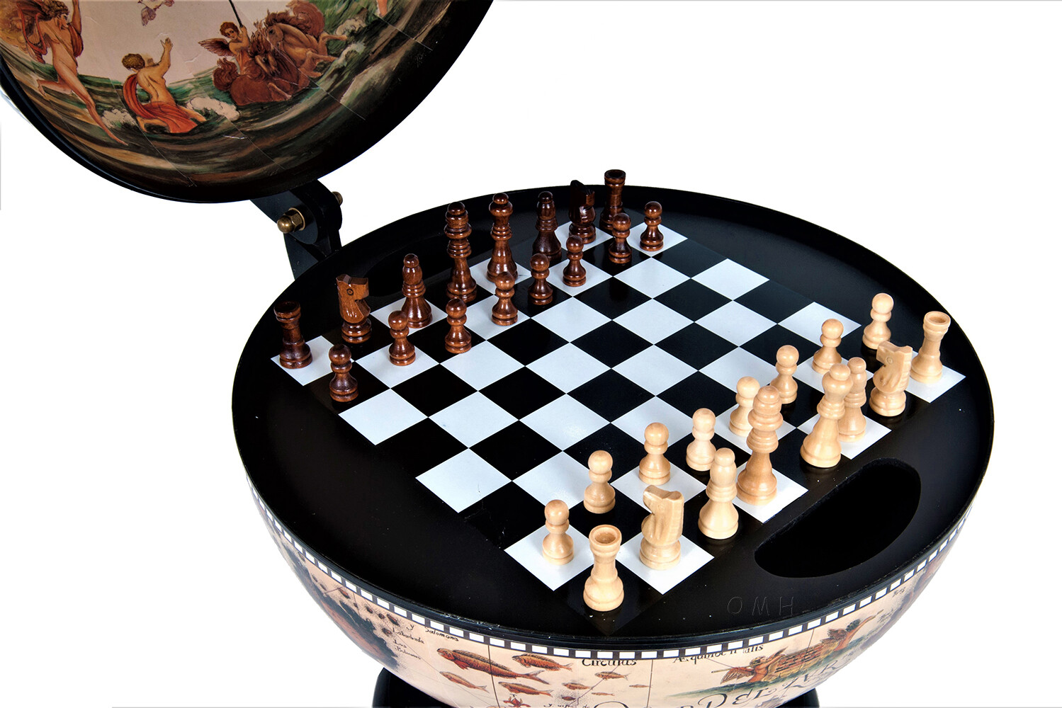 Chess Board Set w/ Pieces Hidden in Table Top Nautical Old World Wood 13" Globe