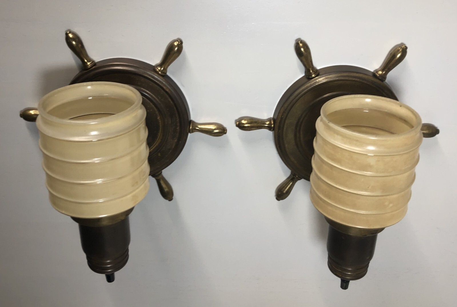 Vtg Nautical Wall Sconce Pair Ship Wheel Brass Light Fixture Art Wired USA #i30