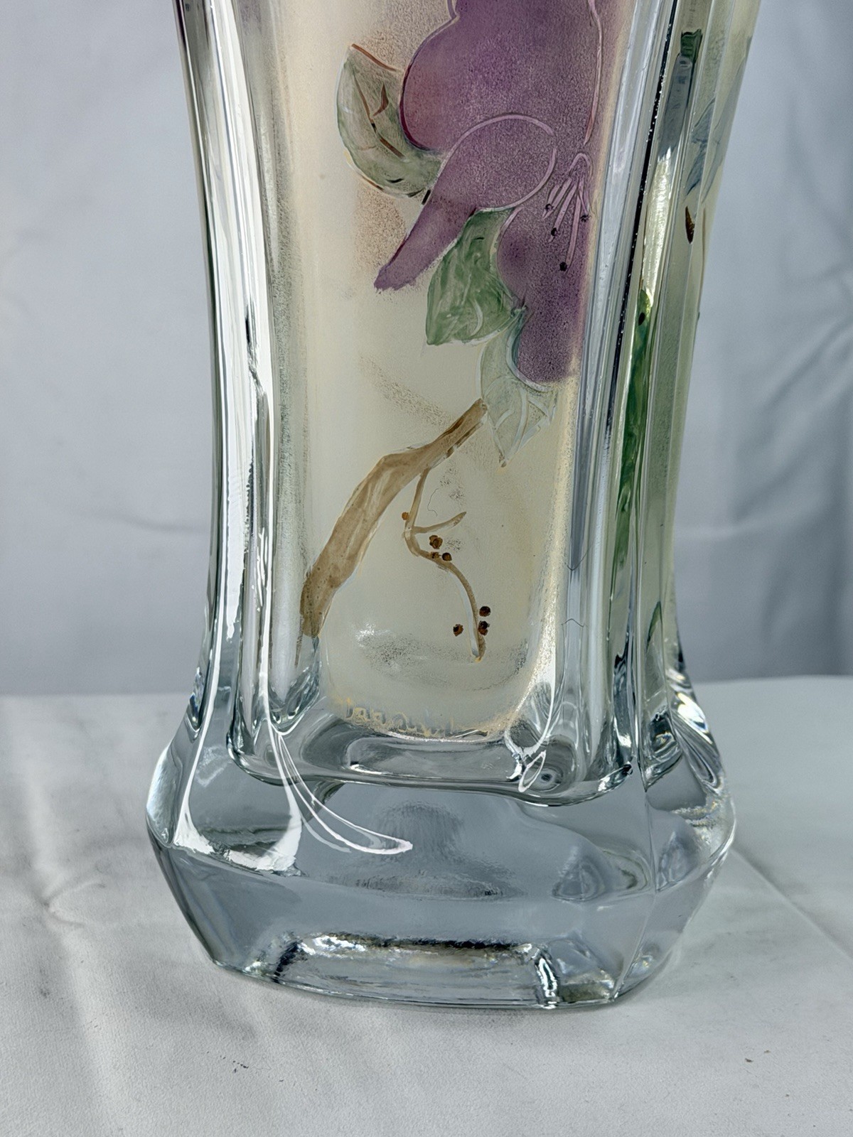 Miki Takachiho Signed Art Glass Vase Hummingbird Purple Floral Hand Painted 10"
