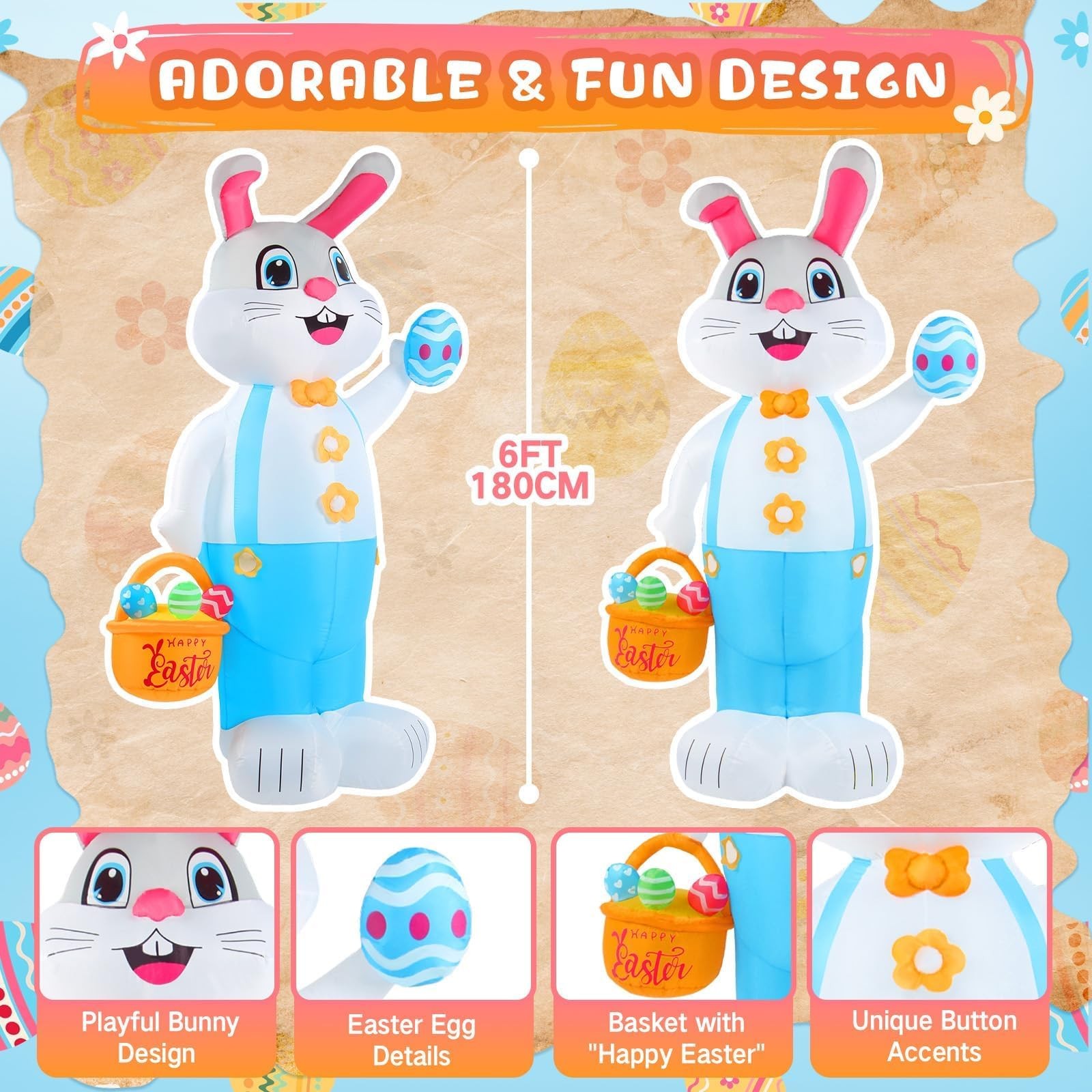 6FT Easter inflatables Bunny Outdoor Decorations LED Lighted Blow Up Rabbit