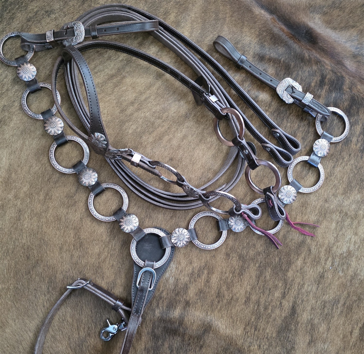 Metal Ring Headstall, Reins and Breastcollar - Sunflower Rings - Copper Rings