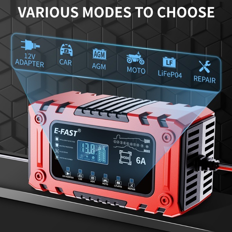 12V 6A Smart Battery Charger w/ Adapter Mode for AGM LiFePO4, Cars,Boat,Truck
