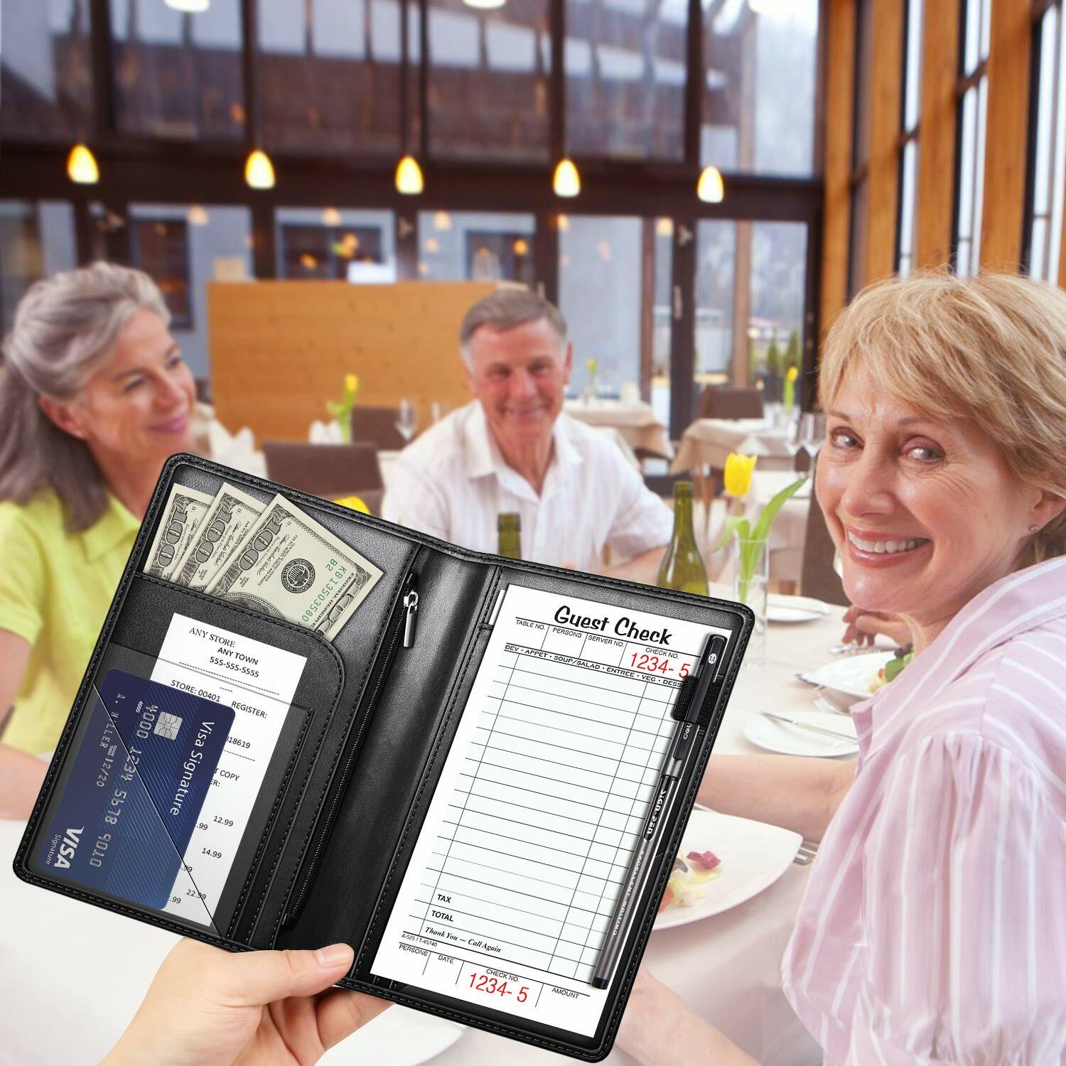 Server Book for Waitress Waiter Organizer Wallet with Zipper Pocket Card Holder