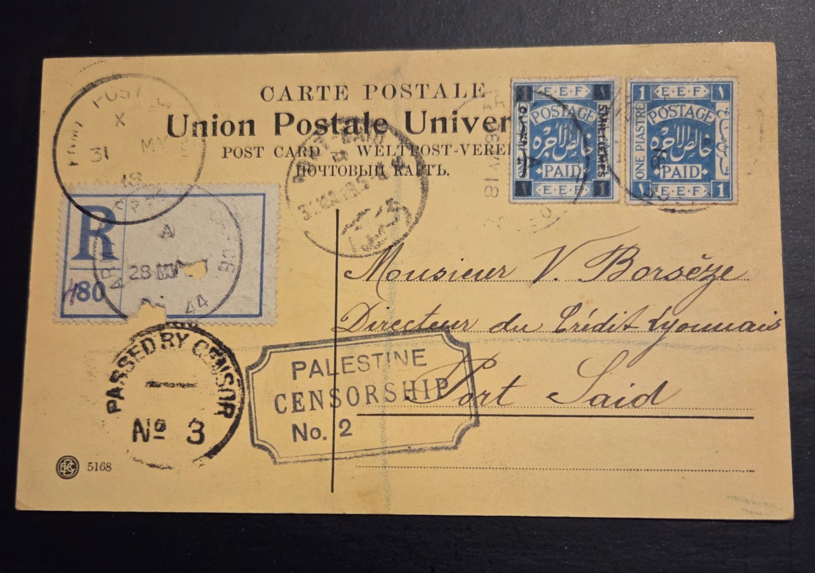 EXT RARE “ONLY 18 KNOWN” PALESTINE EEF 1918 “CENSORED” REGISTERED POSTCARD