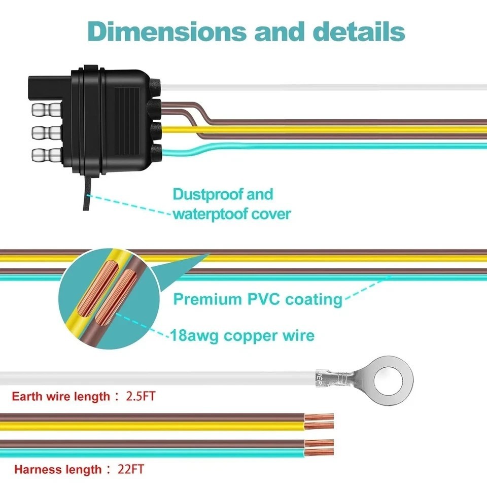 22FT 4 Pin 5 Wire Trailer Wiring Harness with Nylon Net Tube, Wishbone