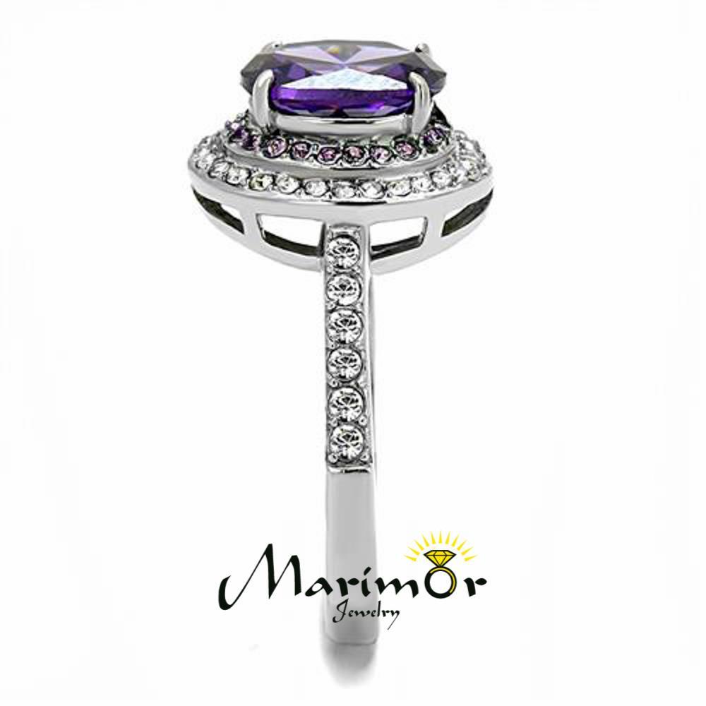 2.2 Ct Oval Cut Amethyst Color Cz Stainless Steel Halo Engagement Ring Size 5-10