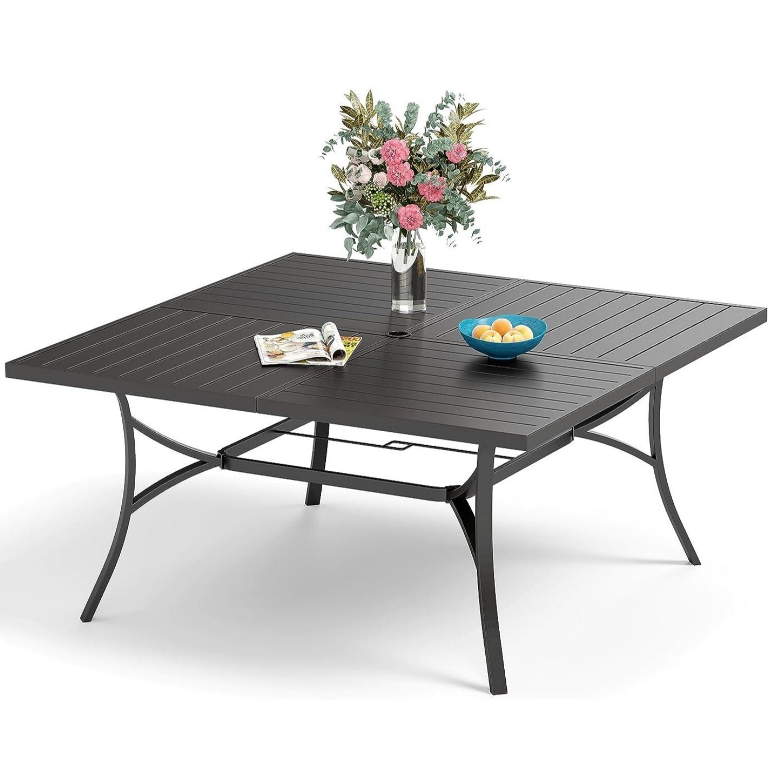 60''x60'' Outdoor Dining Table Square Metal Patio Table with Umbrella Hole Black