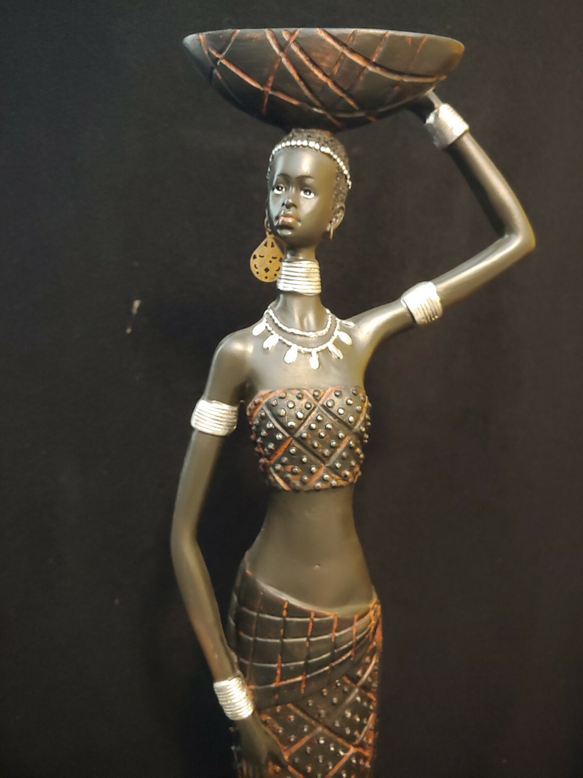 Tall African Tribal Woman Figurine Large Resin Statue Carrying Bowl 24"