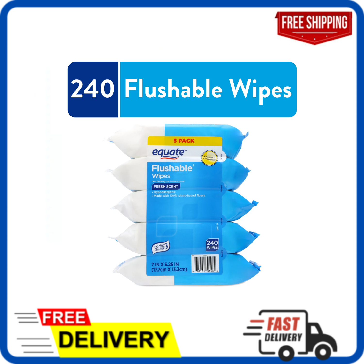 Equate Flushable Wet Wipes, Fresh Scent, 240 Wipes (5 Pack)