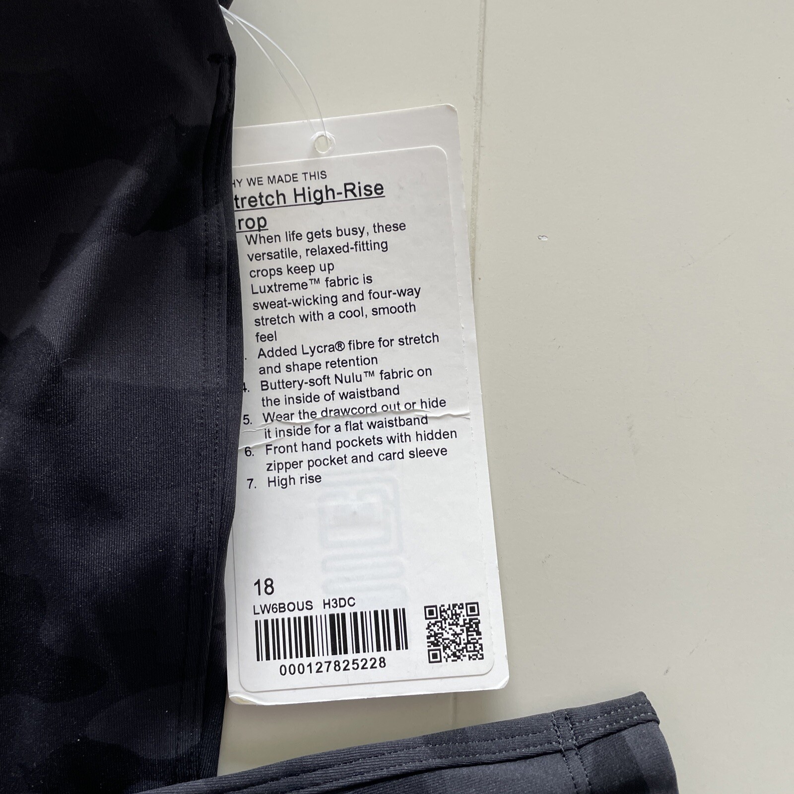 NWT LULULEMON Stretch High-Rise Crop, color: H3DC black camo, size 18 $98