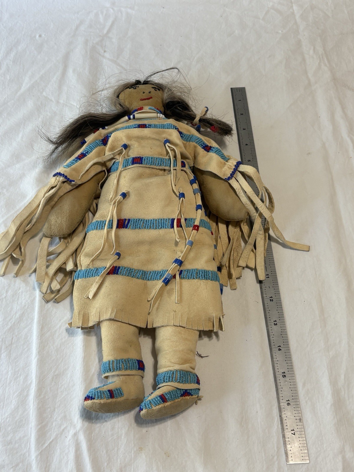 Vintage Native American Handmade Buckskin Beaded Doll 16"” Real Hair
