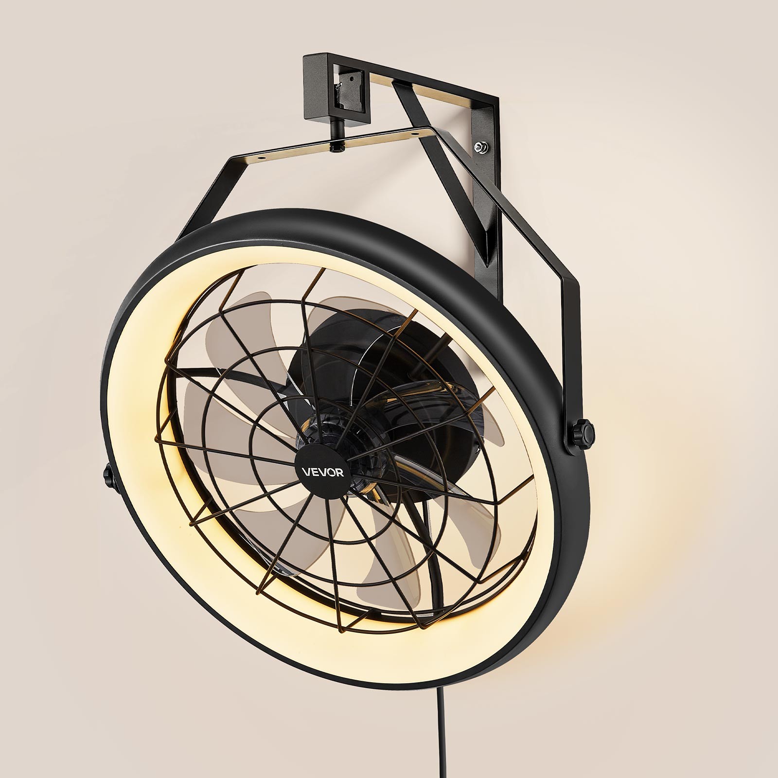 VEVOR 22 Inch Wall Mounted Fan with Light Remote 6 Speed for Patio Workshop