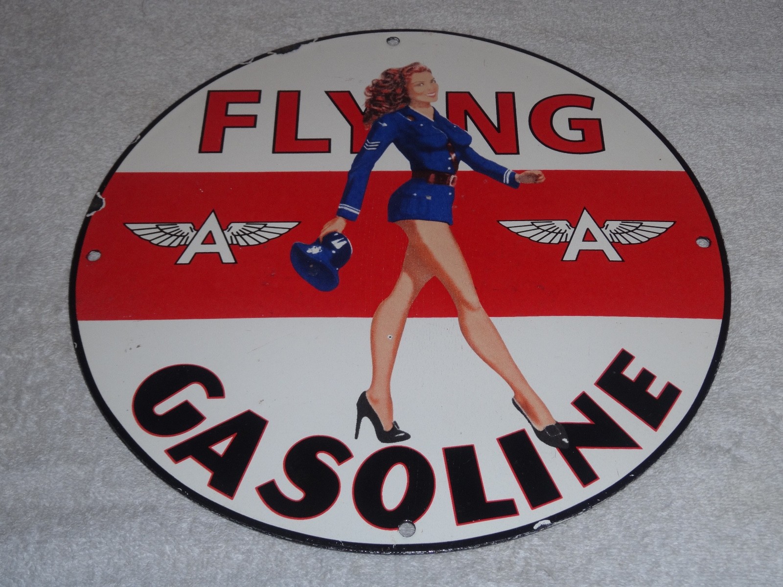 VINTAGE FLYING A AIRPLANE STEWARDESS WOMAN 11 3/4" PORCELAIN METAL GASOLINE SIGN