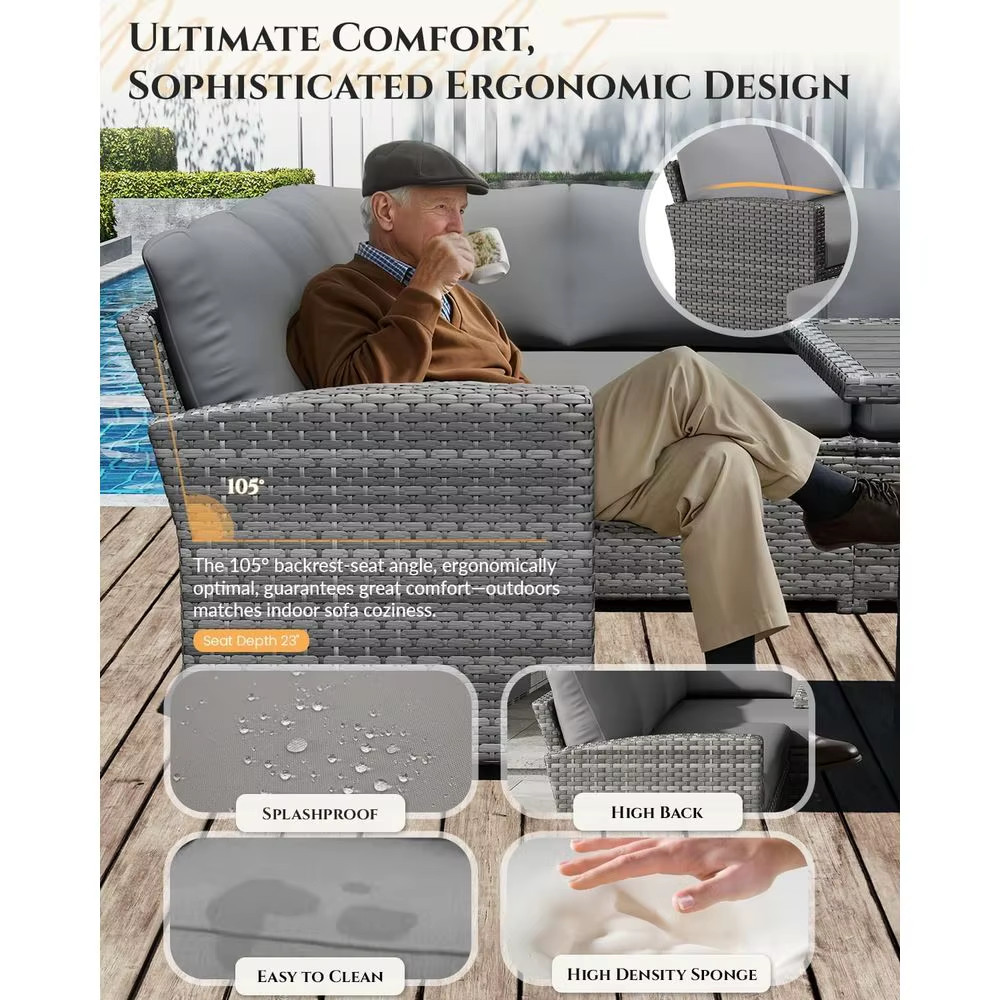 Gray Rattan Patio Furniture Set Sectional Sofa Table Chairs Ottoman Steel Frame