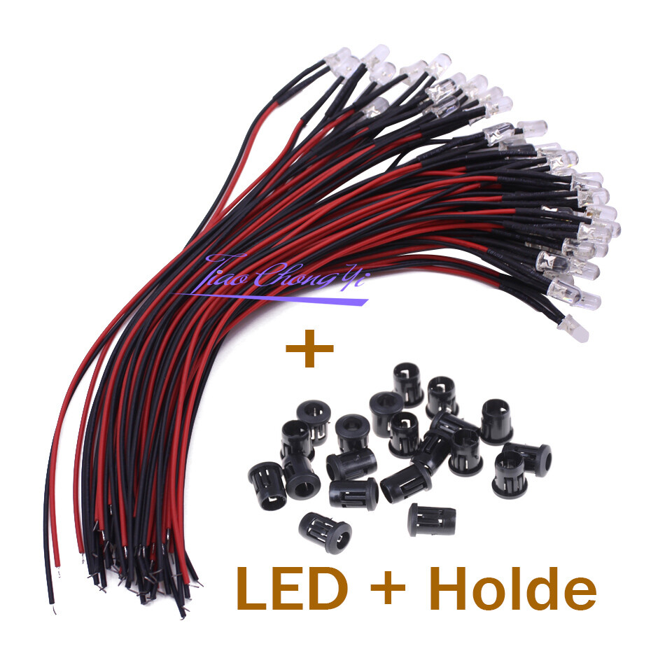 10-100PCS 5mm 3-5V LED 2PIN Round Pre-wired water Clear led with Plastic Holder