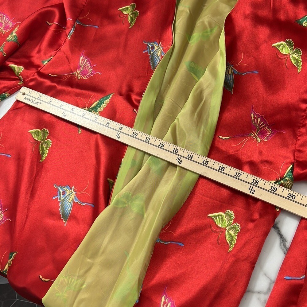 Red Satin Butterfly Japanese Style Kimono Jacket Womens Medium Gold Lining