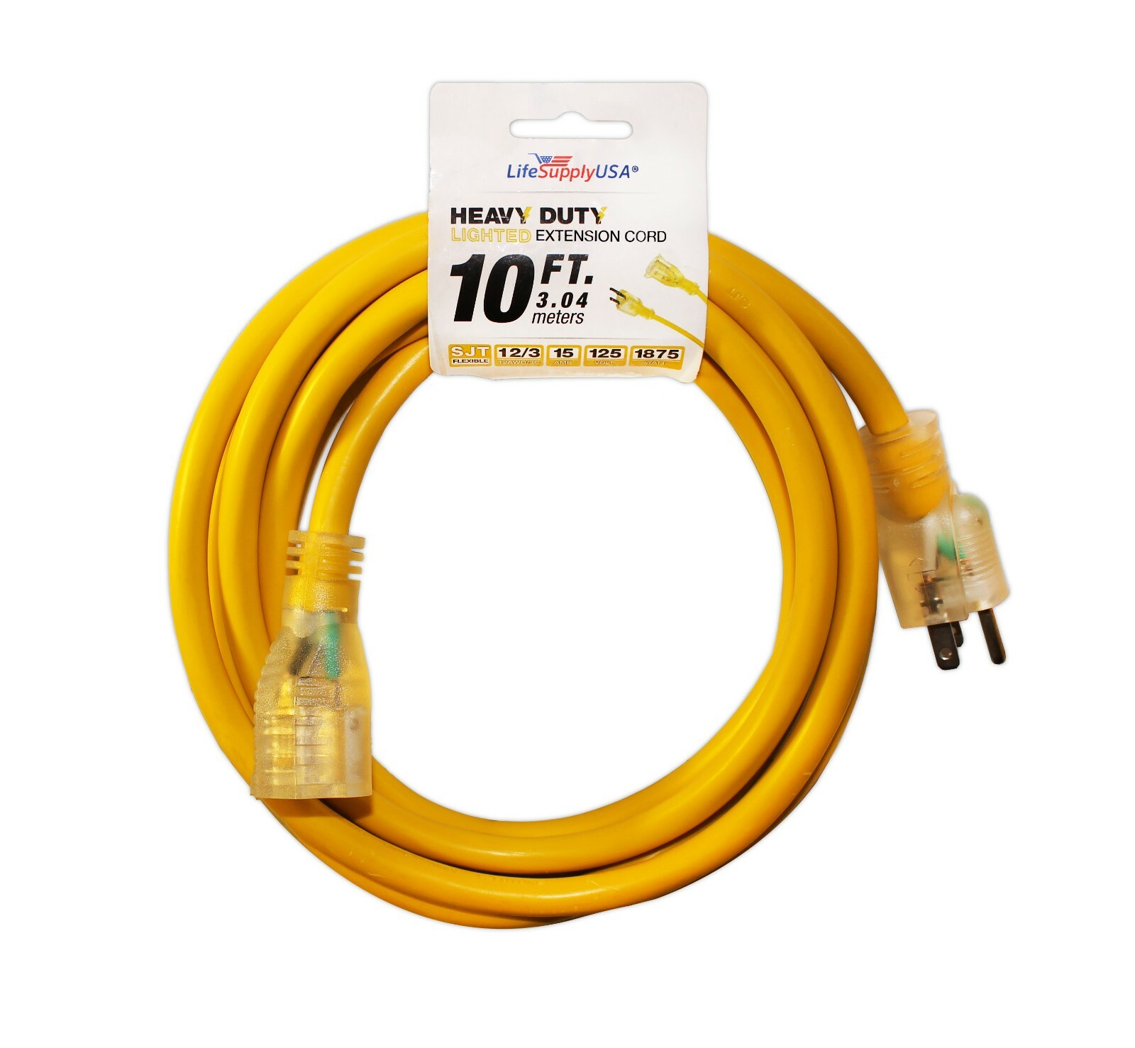 12/3 300V SJTW Lighted Extension Cord - 15 Amp - Sizes: 6 10 25 50 75 100 200 Ft