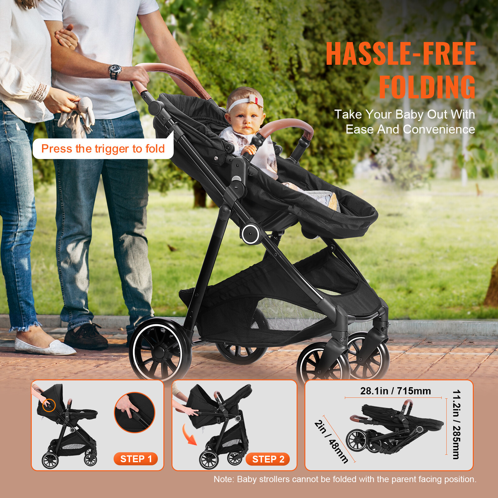 VEVOR Convertible Baby Infant Stroller Foldable Pushchair with Bassinet Black