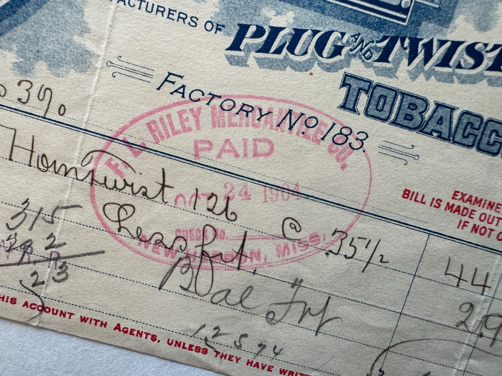 Vintage 1904 Billhead Winston Salem NC Taylor Bros Red Eye Chew Tobacco vignette