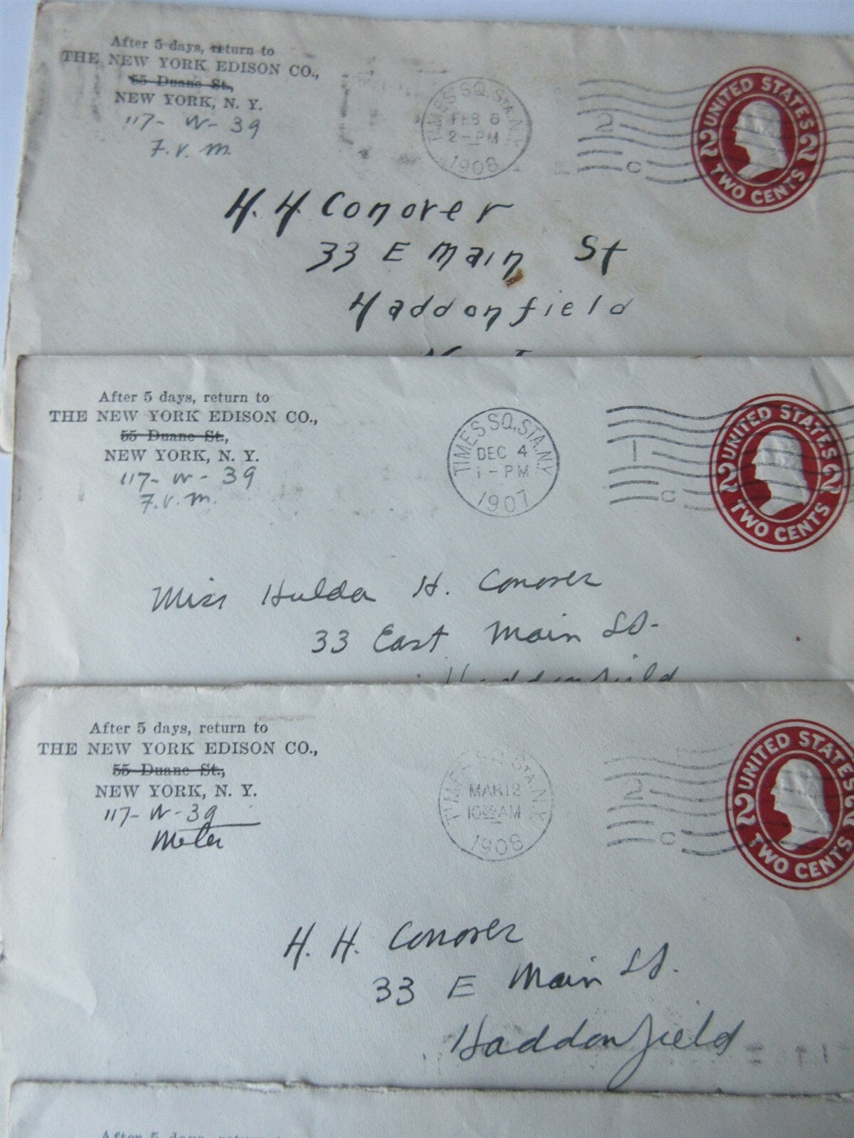 lot 11 envelopes 1907-1908 New York Edison Co. Times Square Station NY 2 cent