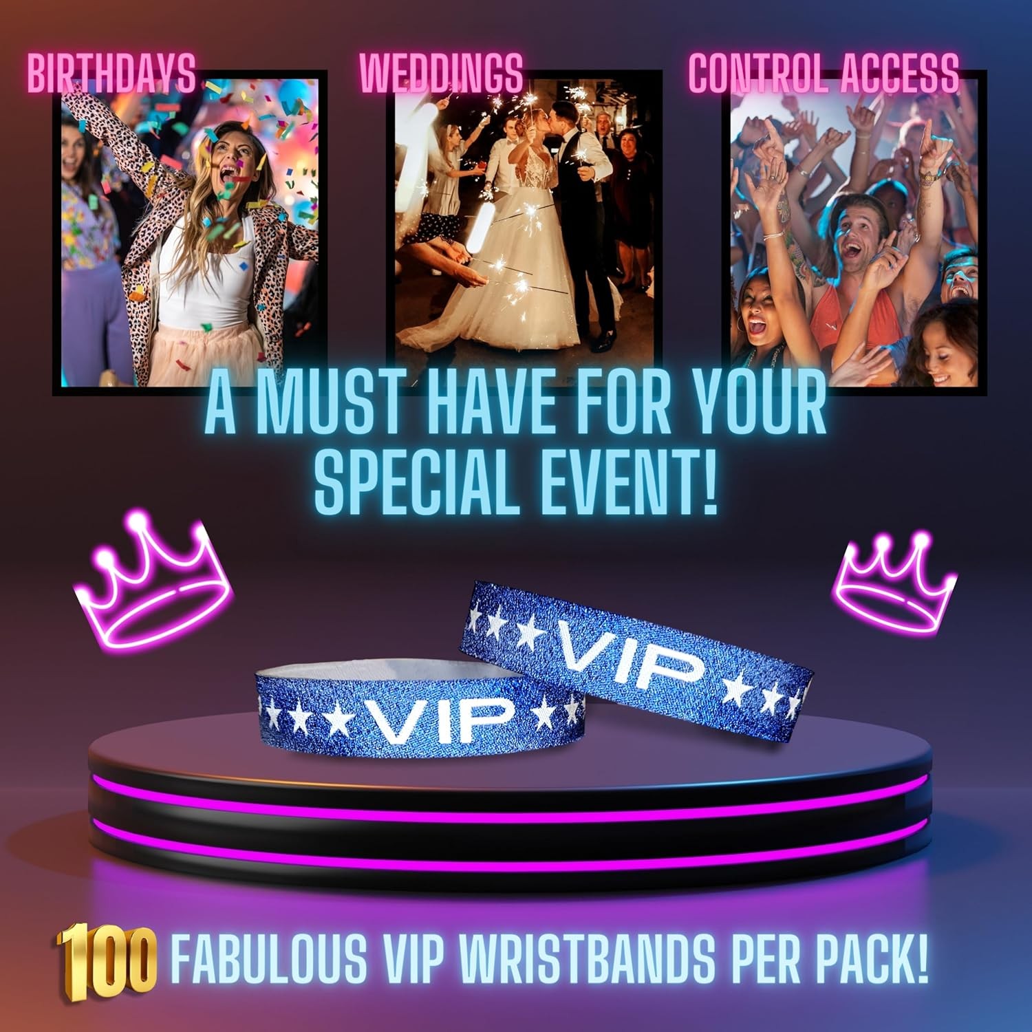 100 Pack Blue Glitter VIP Party Wristbands with Secure Locking Clip. Must Have A