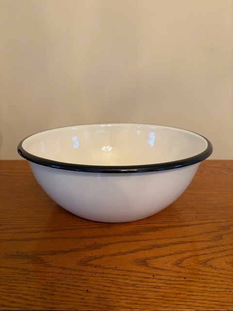 Vintage Ivory Enamel Mixing Bowl with Black Rim