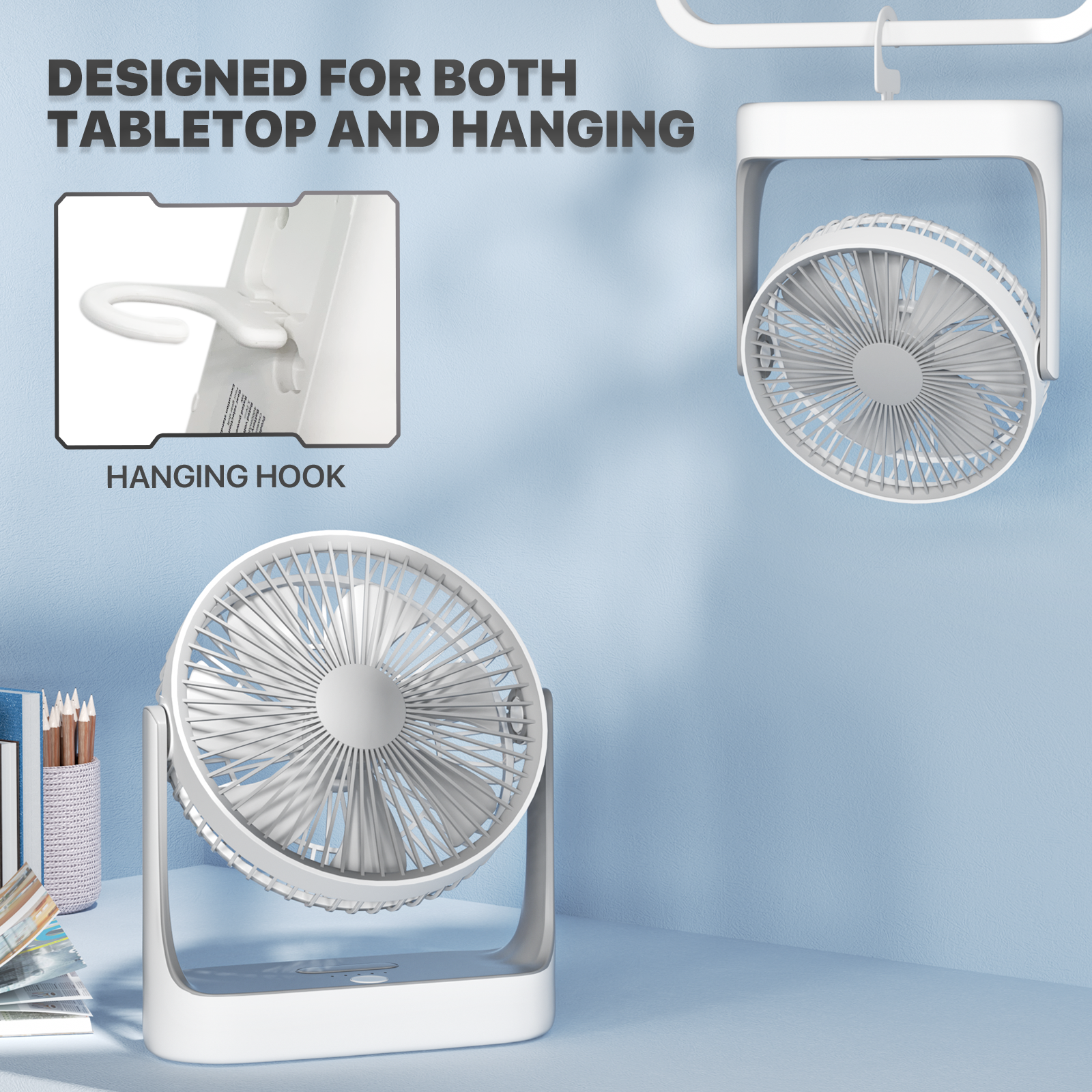 Portable Personal Desk Fan 4 Speed 180° Tilt USB Rechargeable Fan w/Hanging Hook