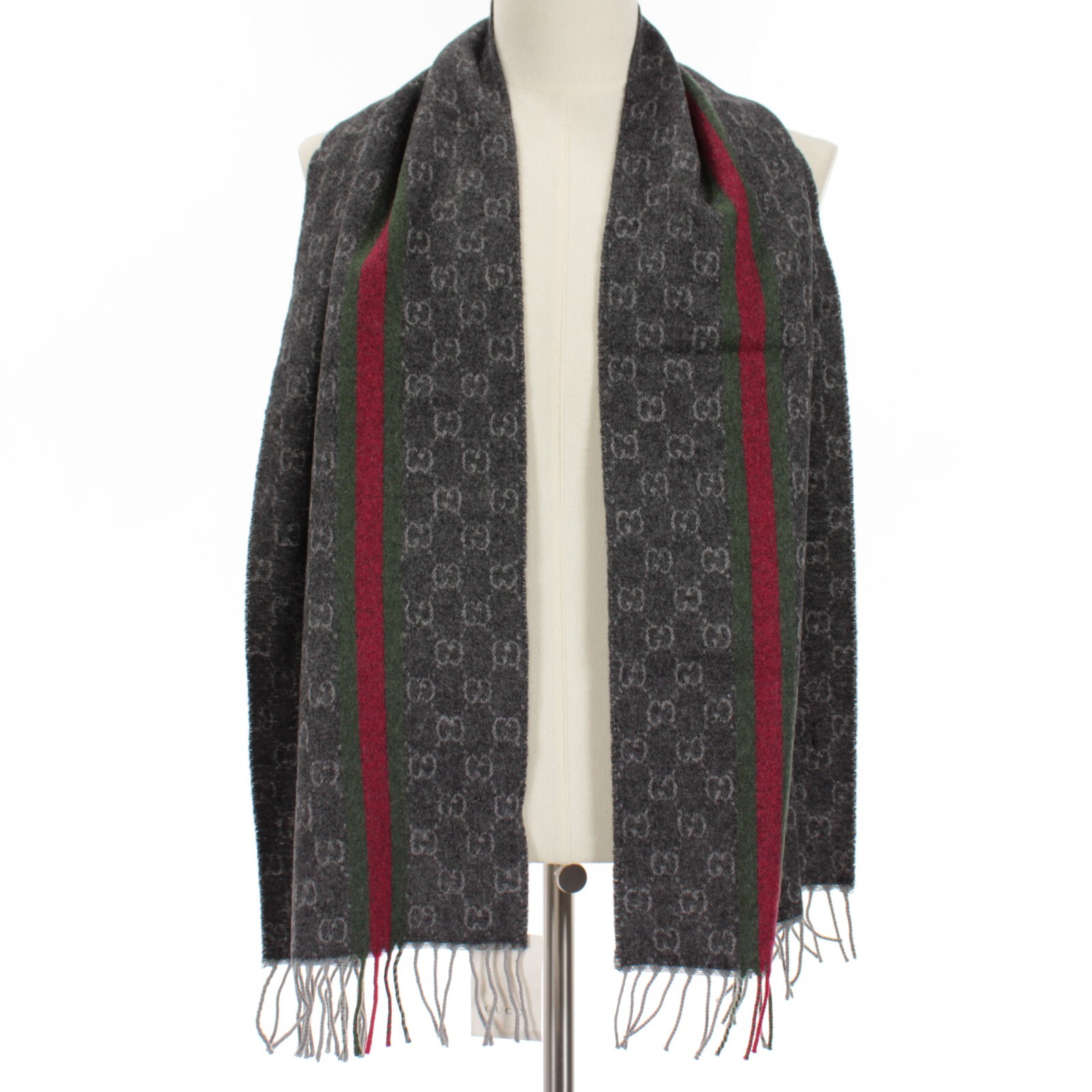 Gucci NWT 100% Cashmere Monogram & Stripe Scarf One Size in Gray / Red / Green